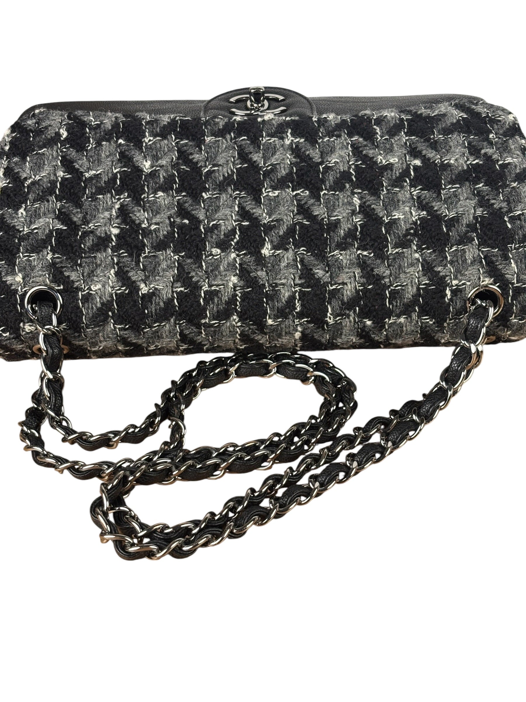 Chanel Black Tweed/Caviar Leather Houndstooth Double Flap Bag 2017