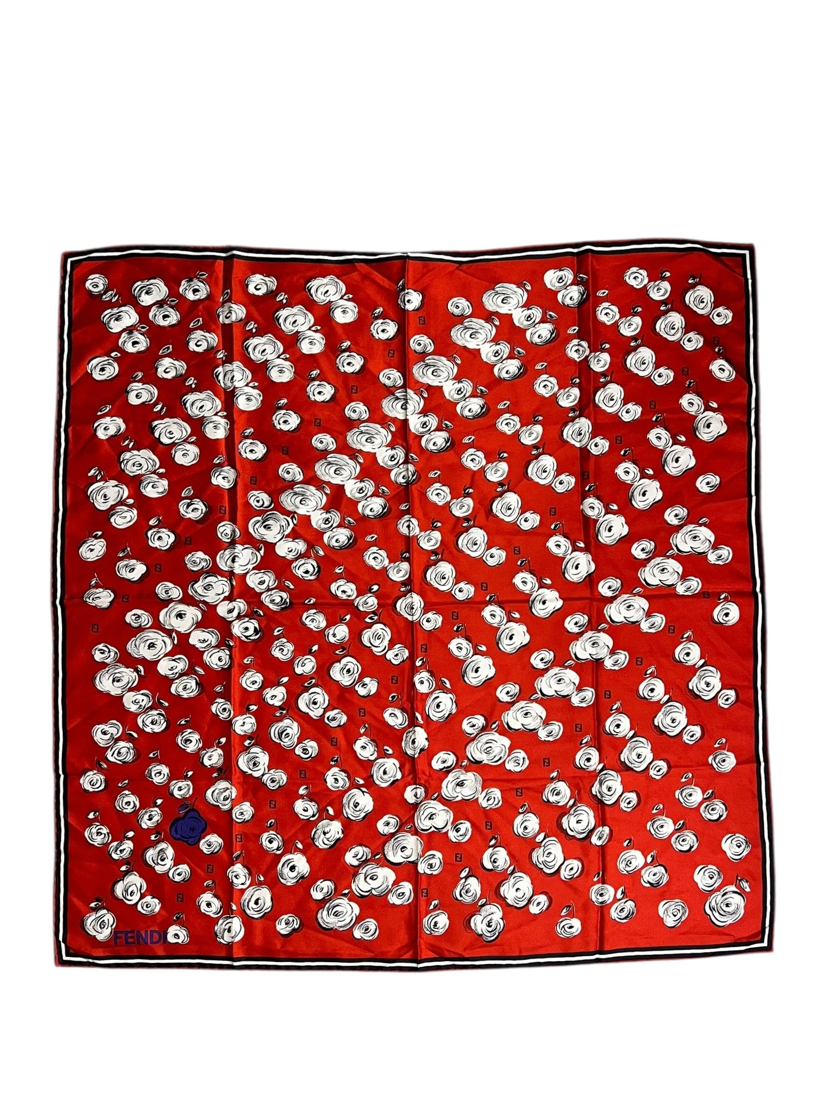 Fendi Red Rose Patterned Silk Scarf