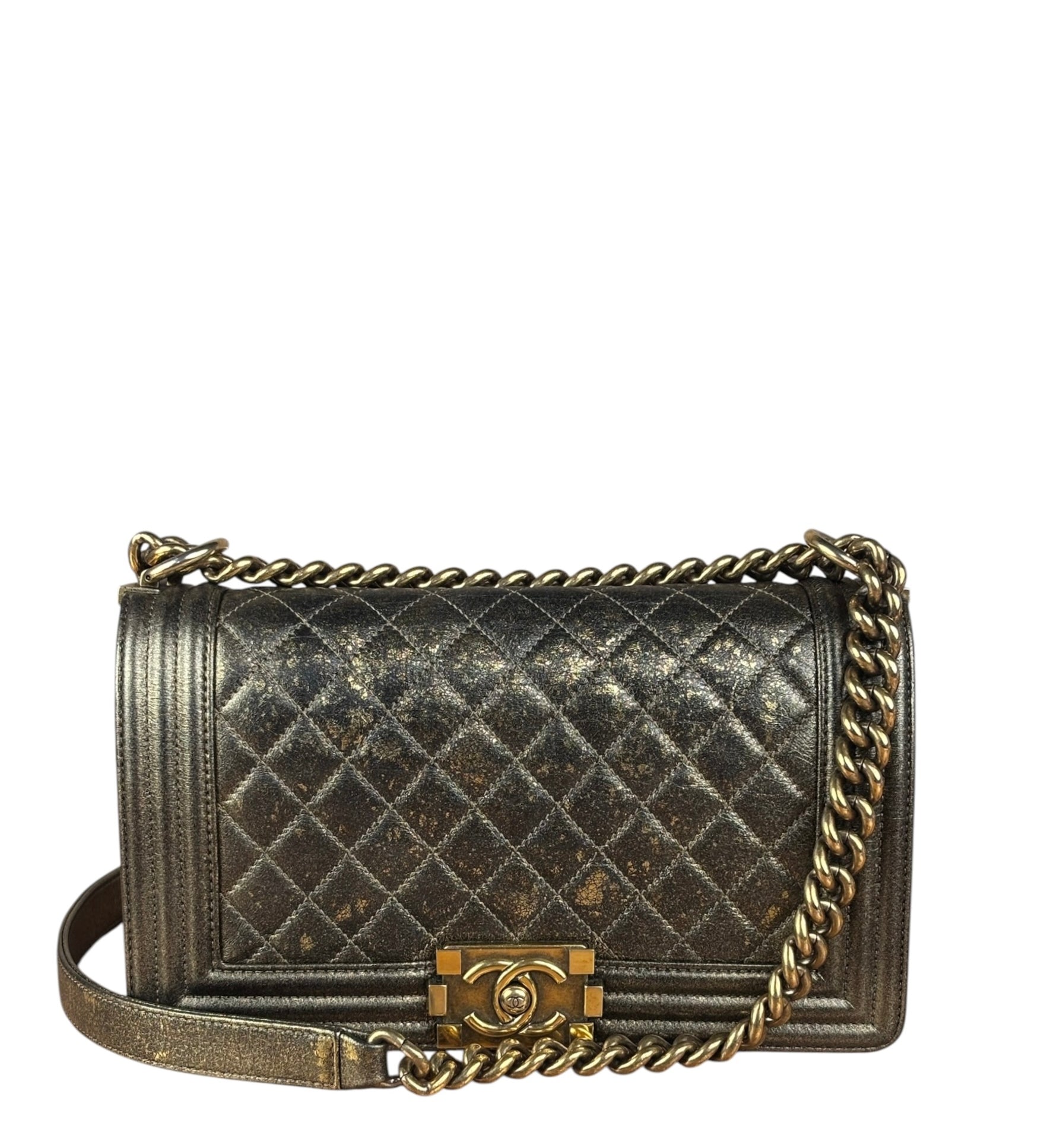 Chanel Metallic Dark Bronze Leather Old Medium Boy Flap Shoulder Bag