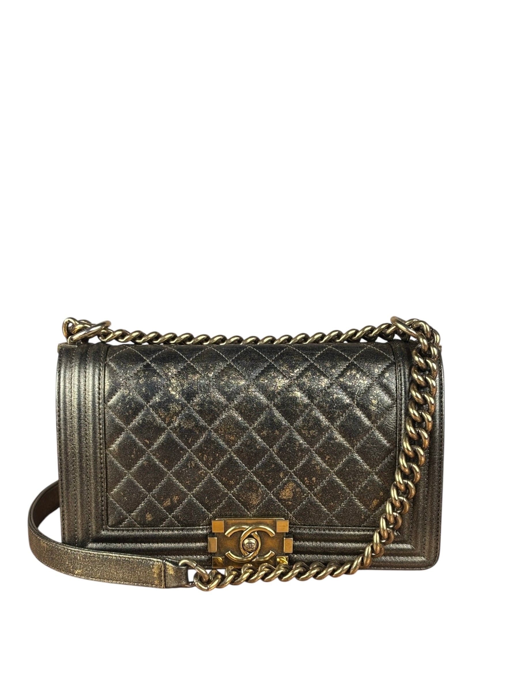 Chanel Metallic Dark Bronze Leather Old Medium Boy Flap Shoulder Bag