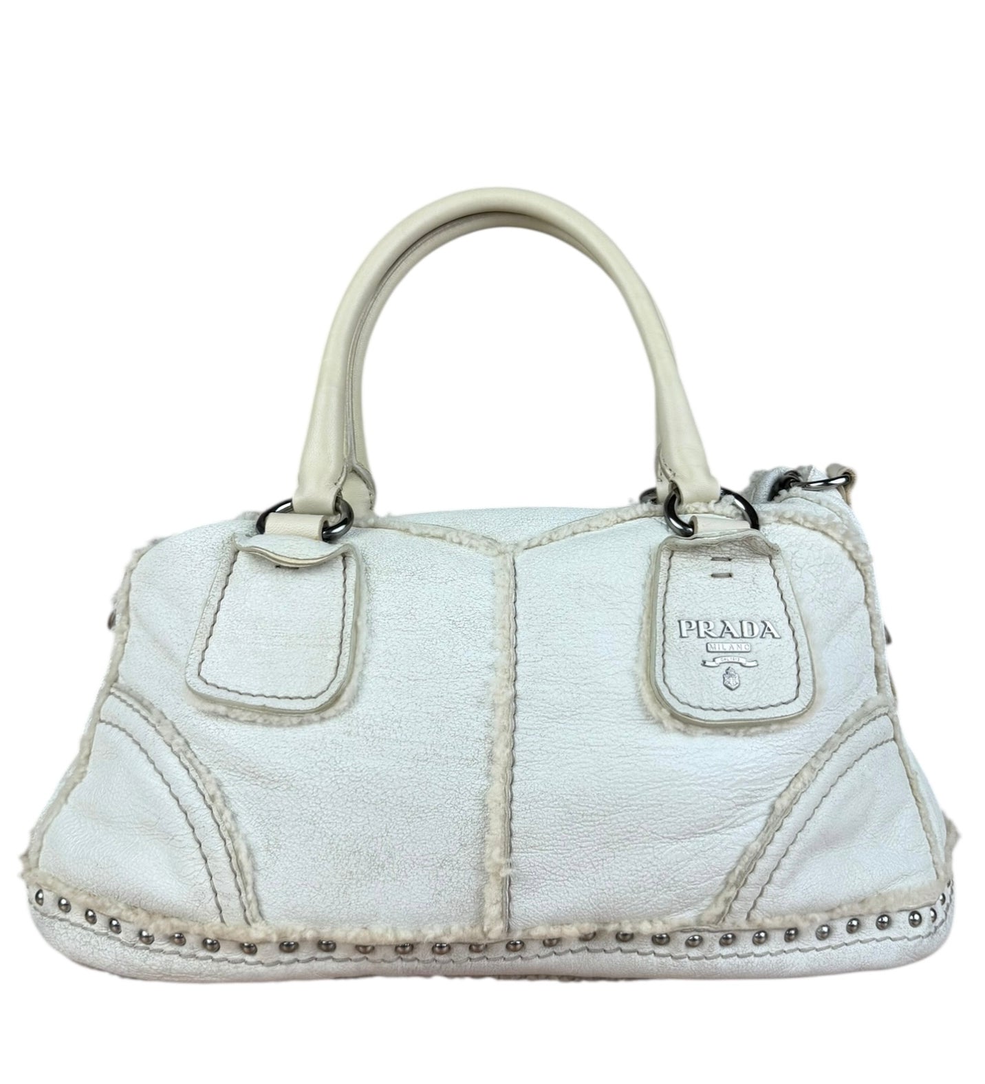 Prada Vintage White Studded Leather Shearling Bowler 2Way Bag