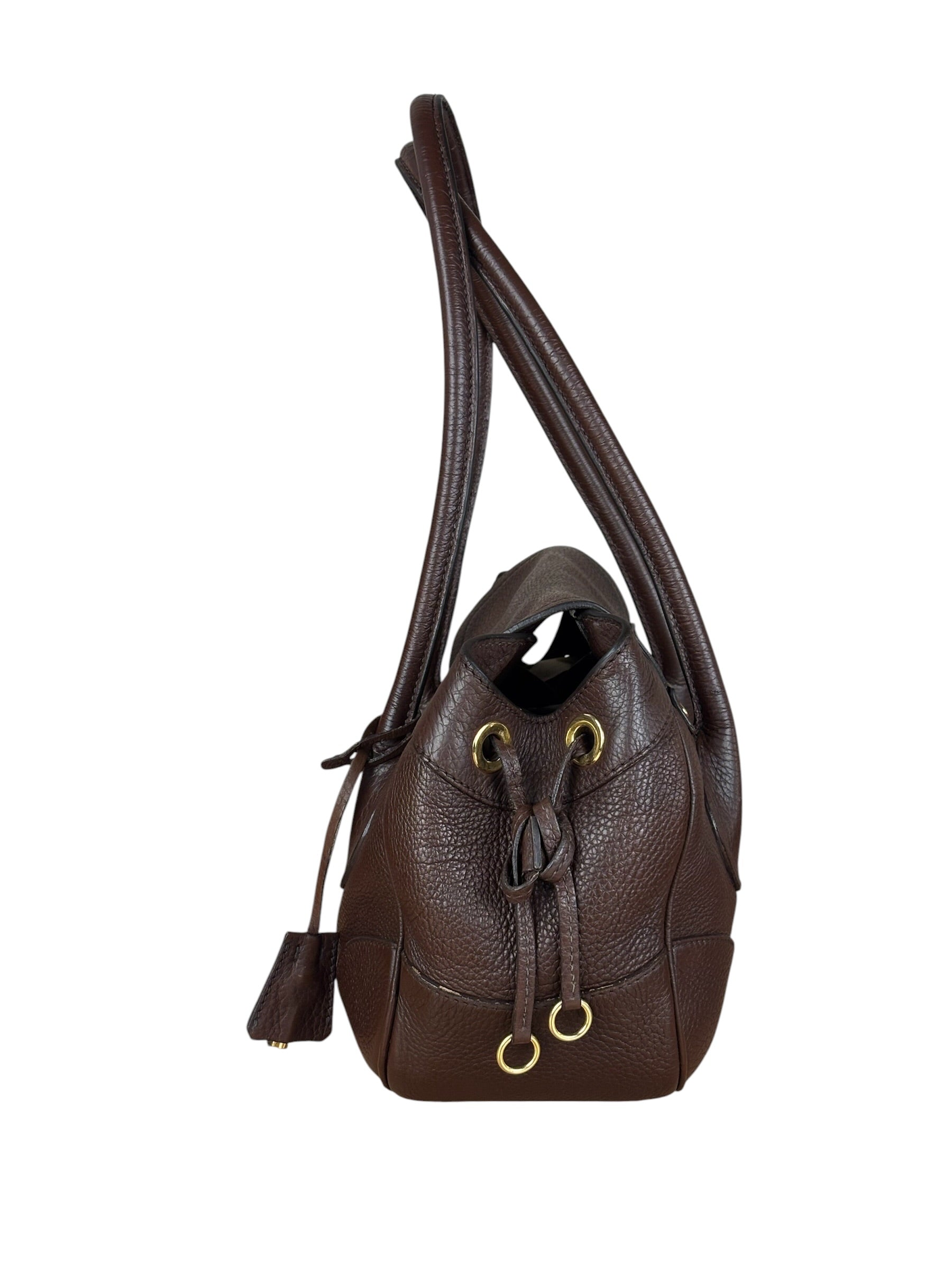 Prada Rich Brown Vitello Daino Sound Lock Satchel Shoulder Bag