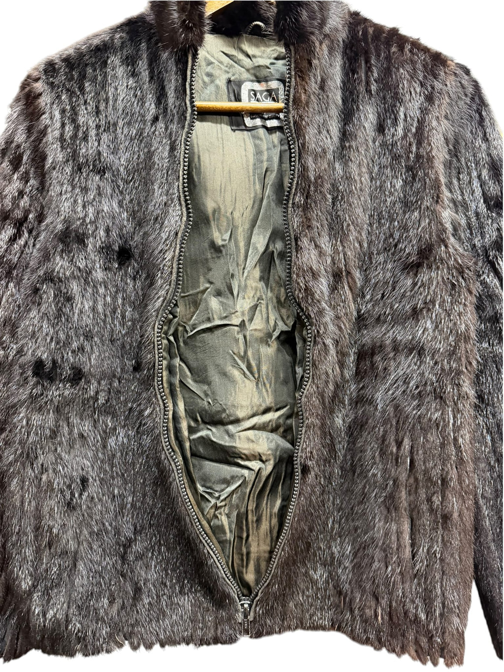 Vintage Saga Dark Brown Mink Zip-Up Striped Coat