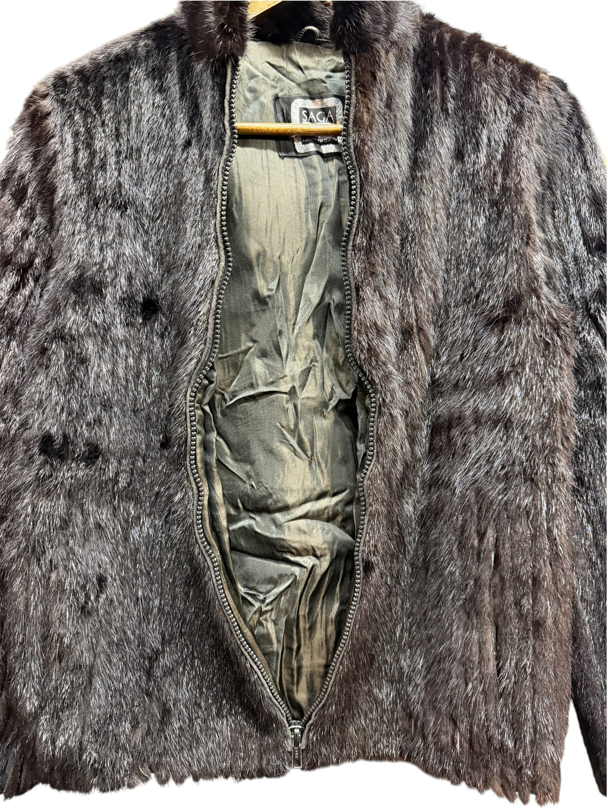 Vintage Saga Dark Brown Mink Zip-Up Striped Coat