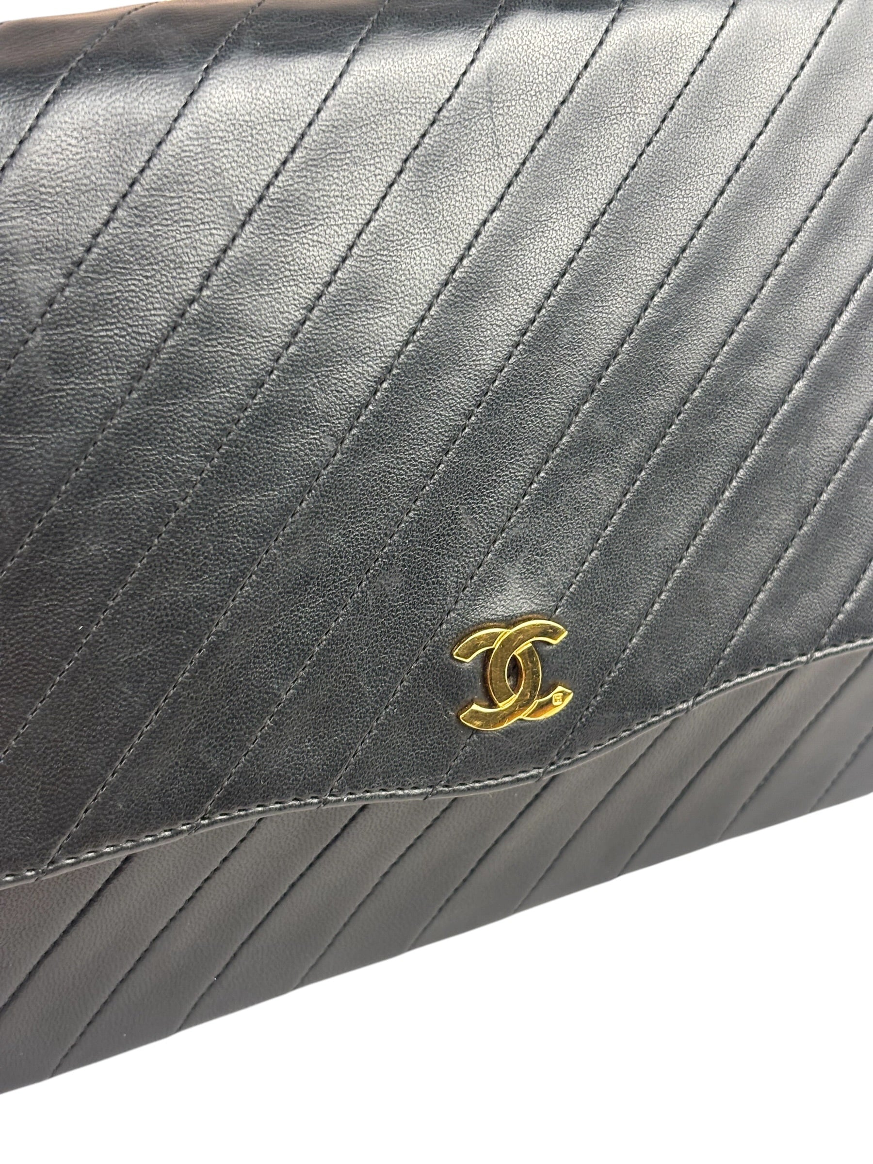 Chanel Vintage Black Leather Timeless Diagonal Stitch Flap Bag 1986