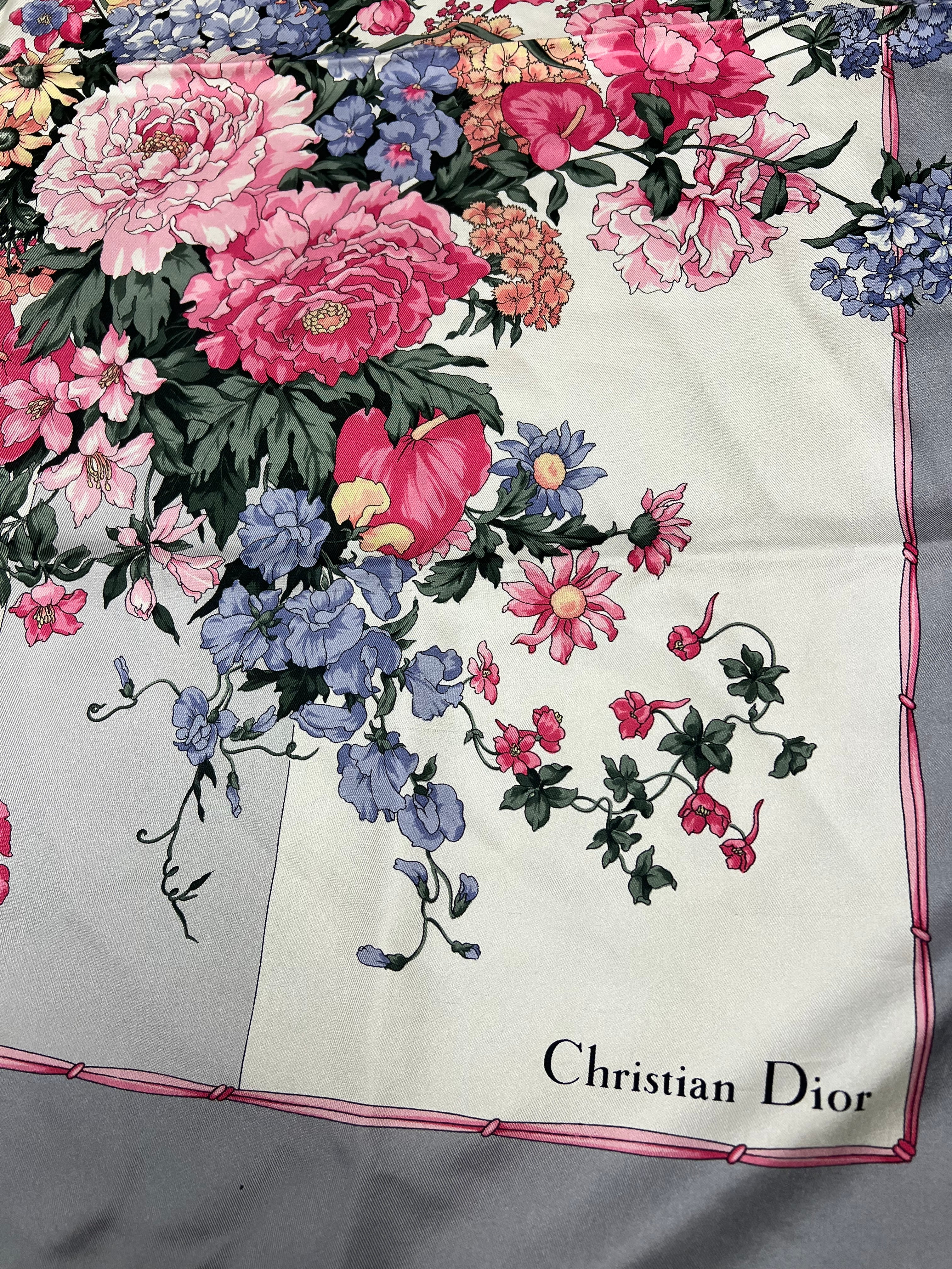 Christian Dior Pink/Grey Silk Floral Scarf