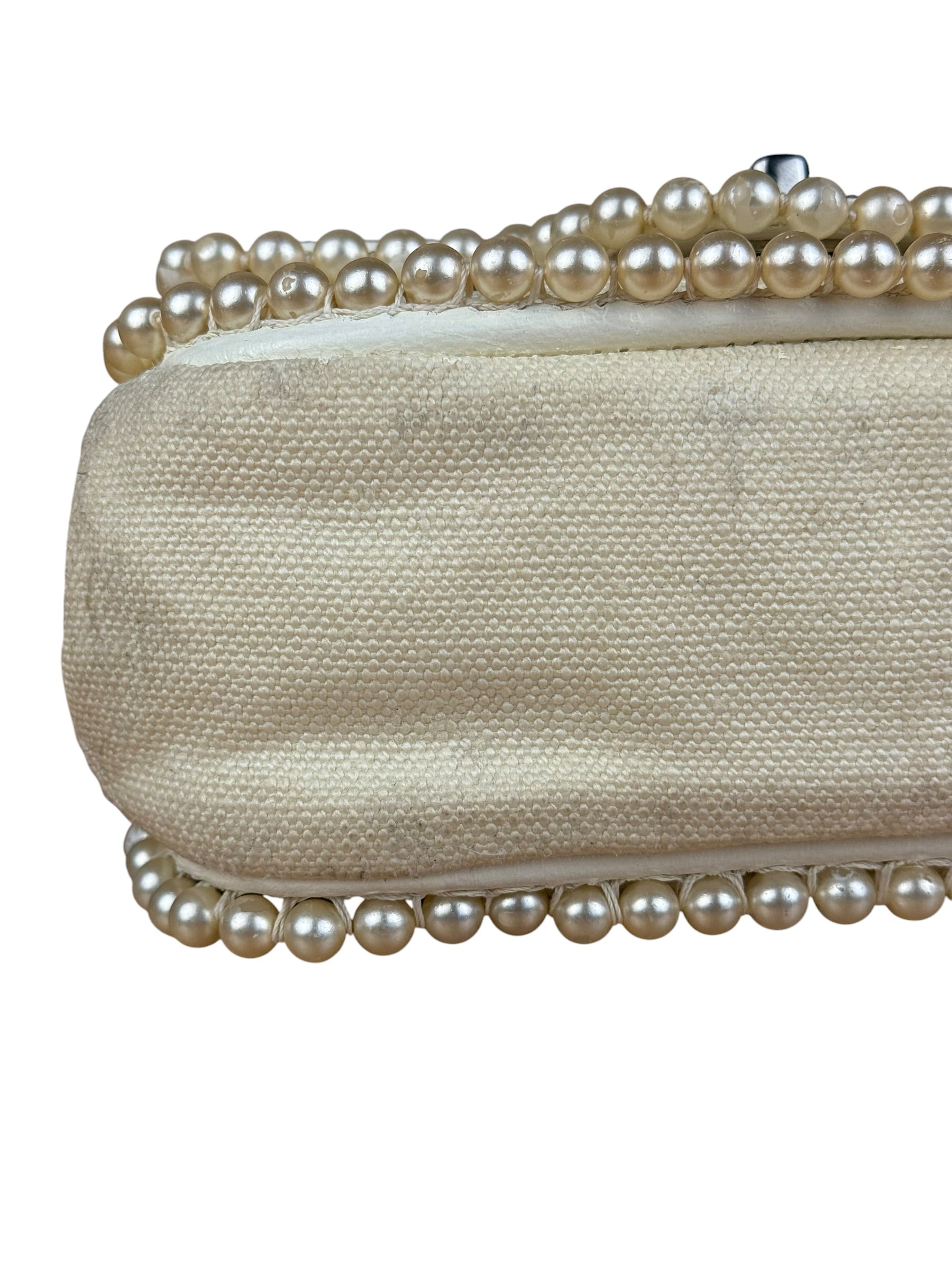 Chanel White Leather/Canvas Pearl Crossbody Flap 2003