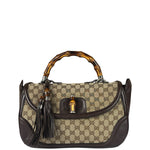 Gucci Brown Leather Trim GG Bamboo Handle Two-Way Bag