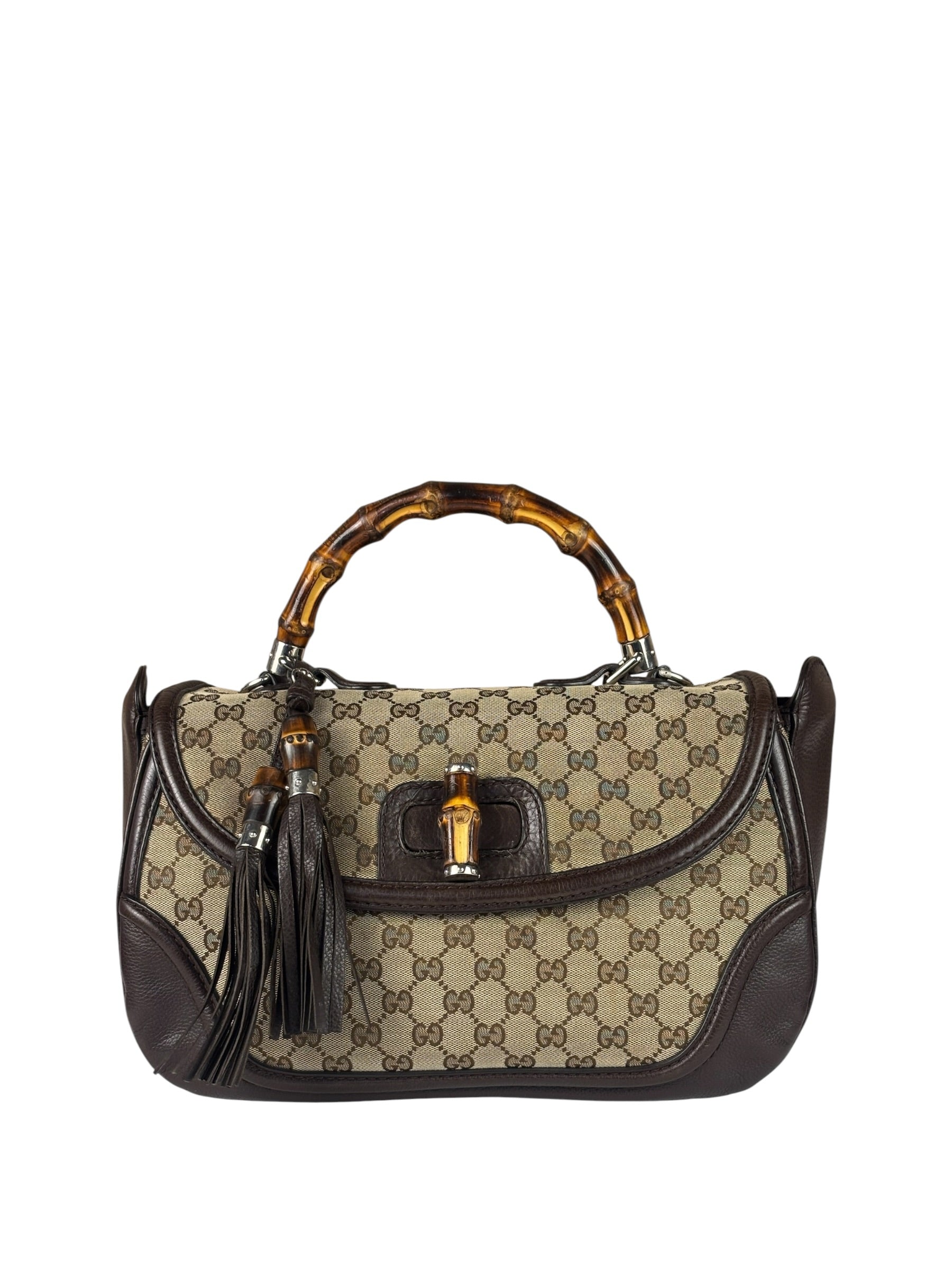 Gucci Brown Leather Trim GG Bamboo Handle Two-Way Bag