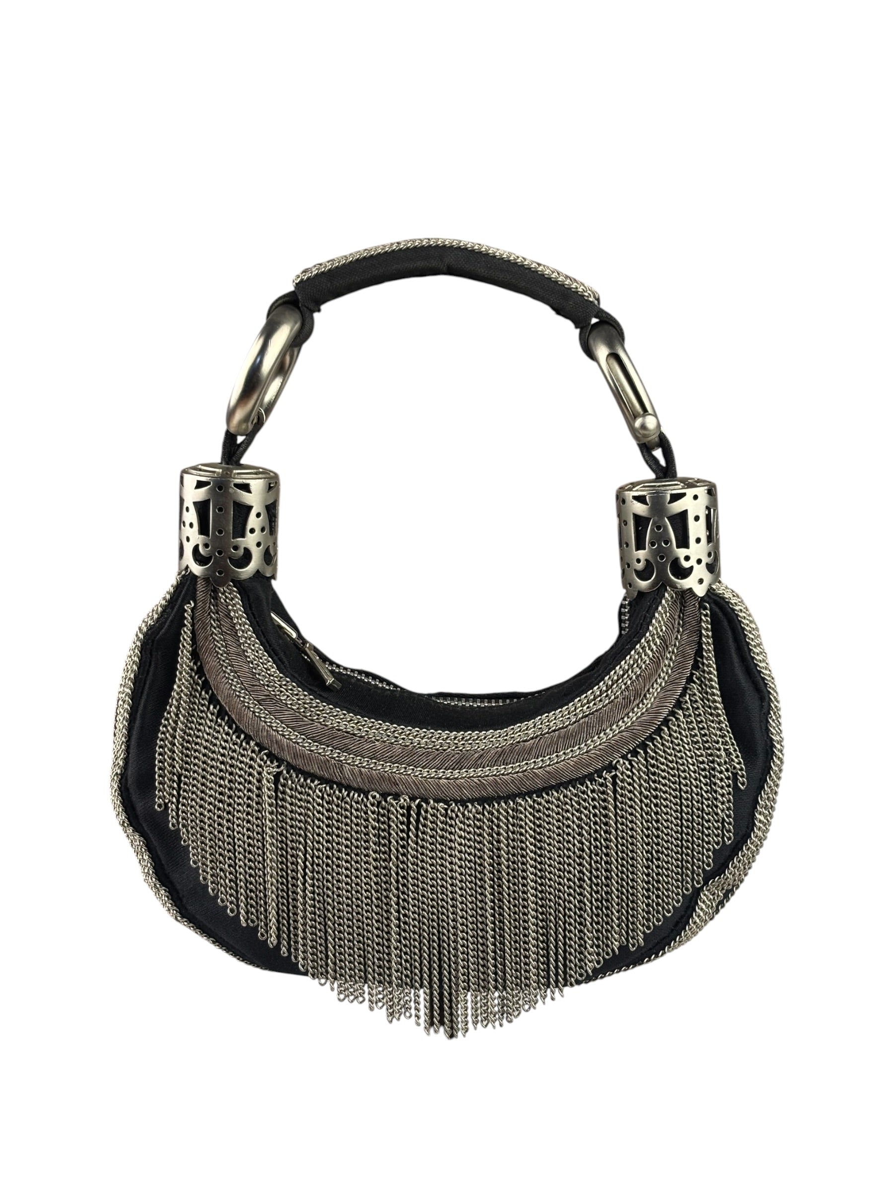 Chole Black Nylon Chain-Link Crescent Mini Hobo Bag