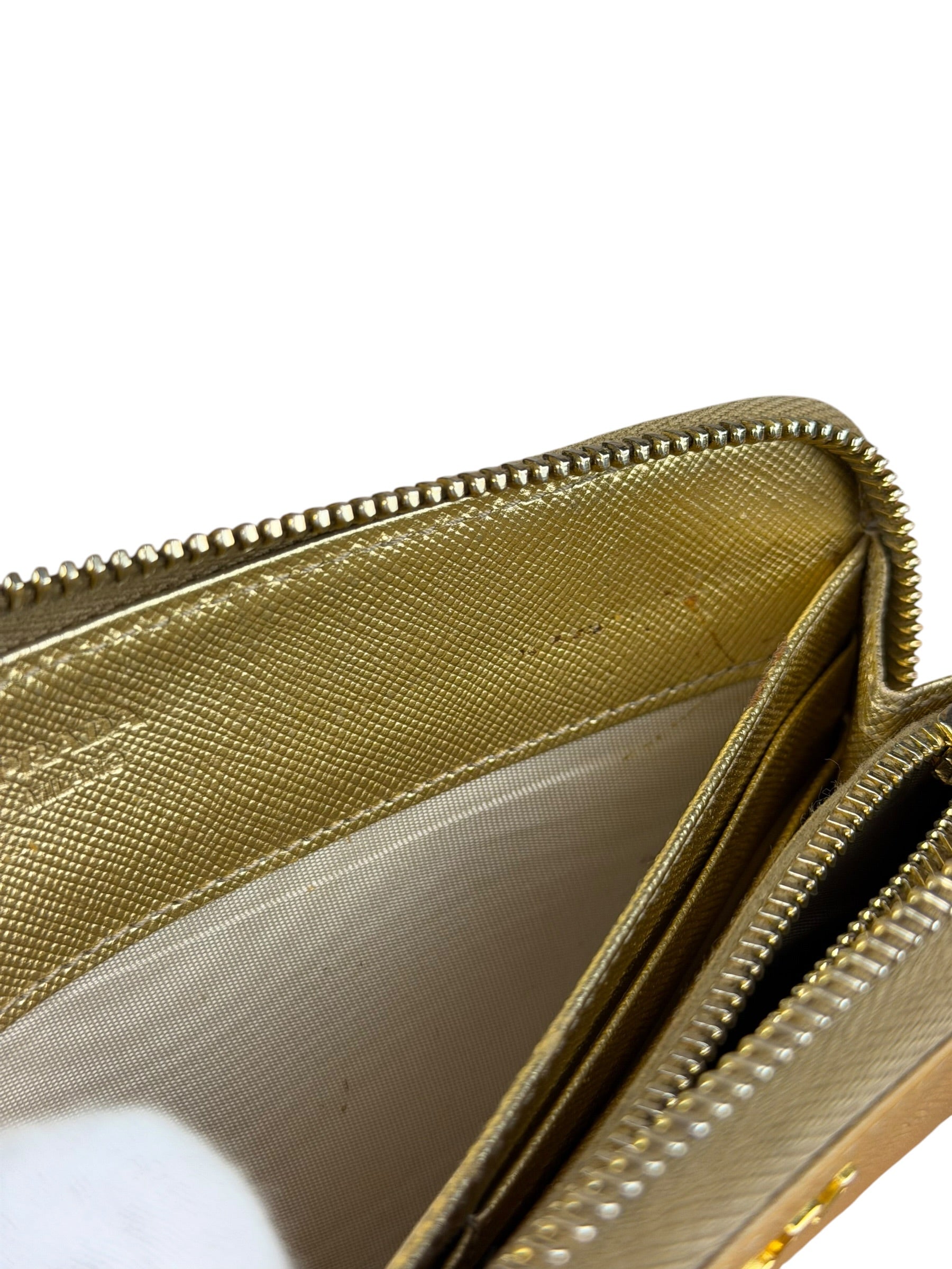 Prada Metallic Gold Saffiano Leather Zip-Around Wallet