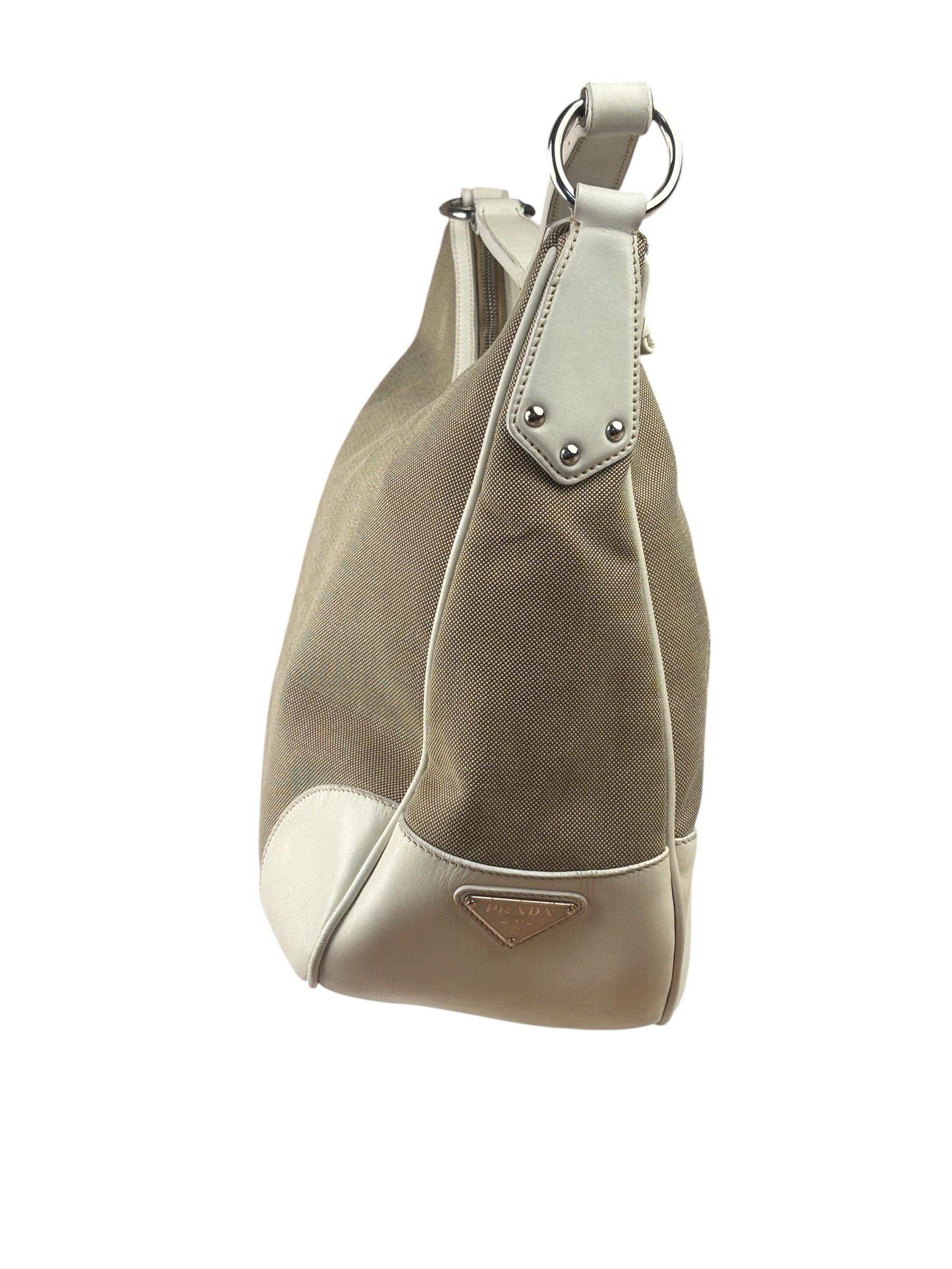 Prada Beige/Cream Leather Trim Logo Jacquard Hobo Bag
