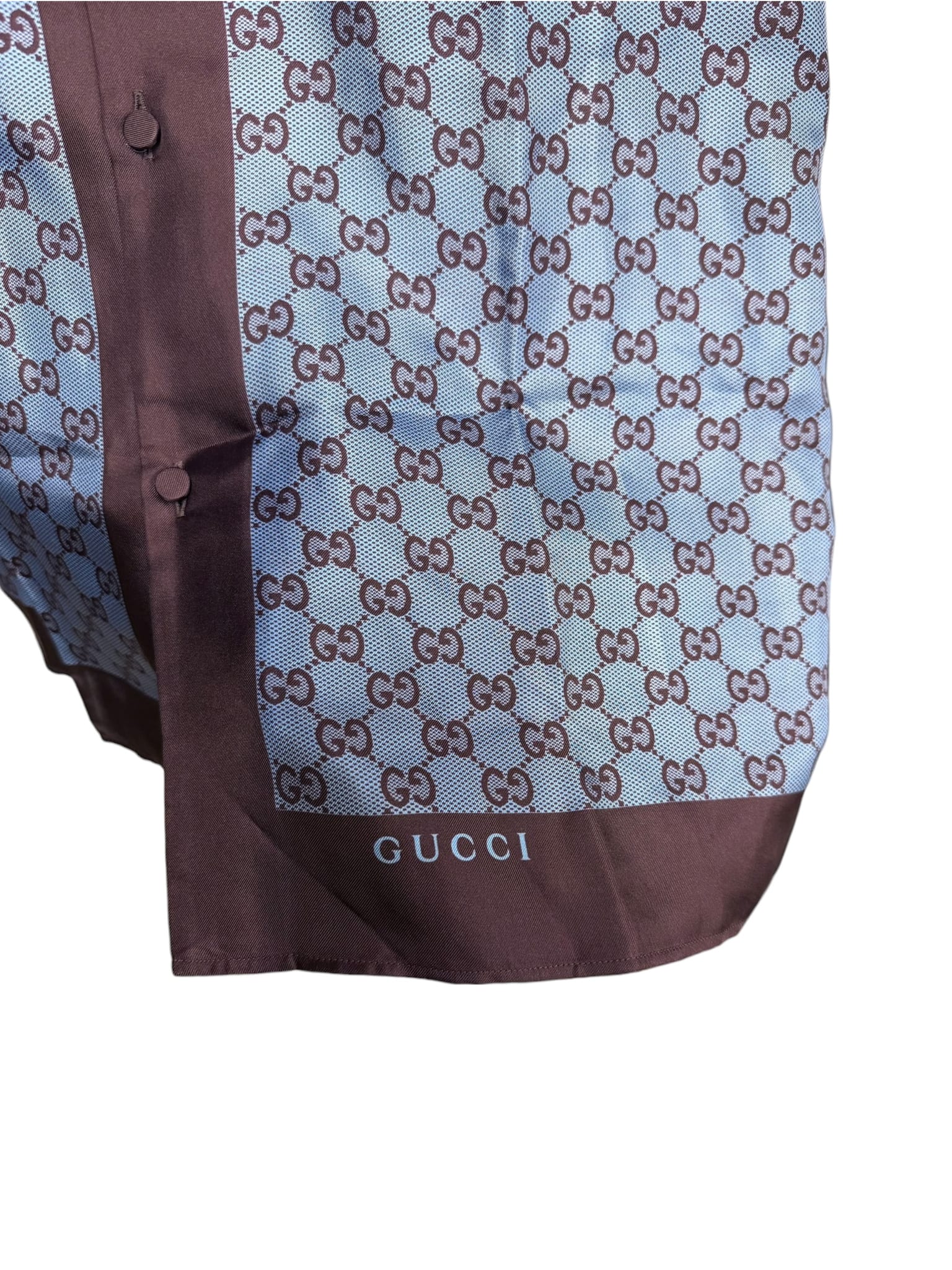 Gucci Brown/Blue Canvas GG Printed Silk Twill Short Sleeve Shirt