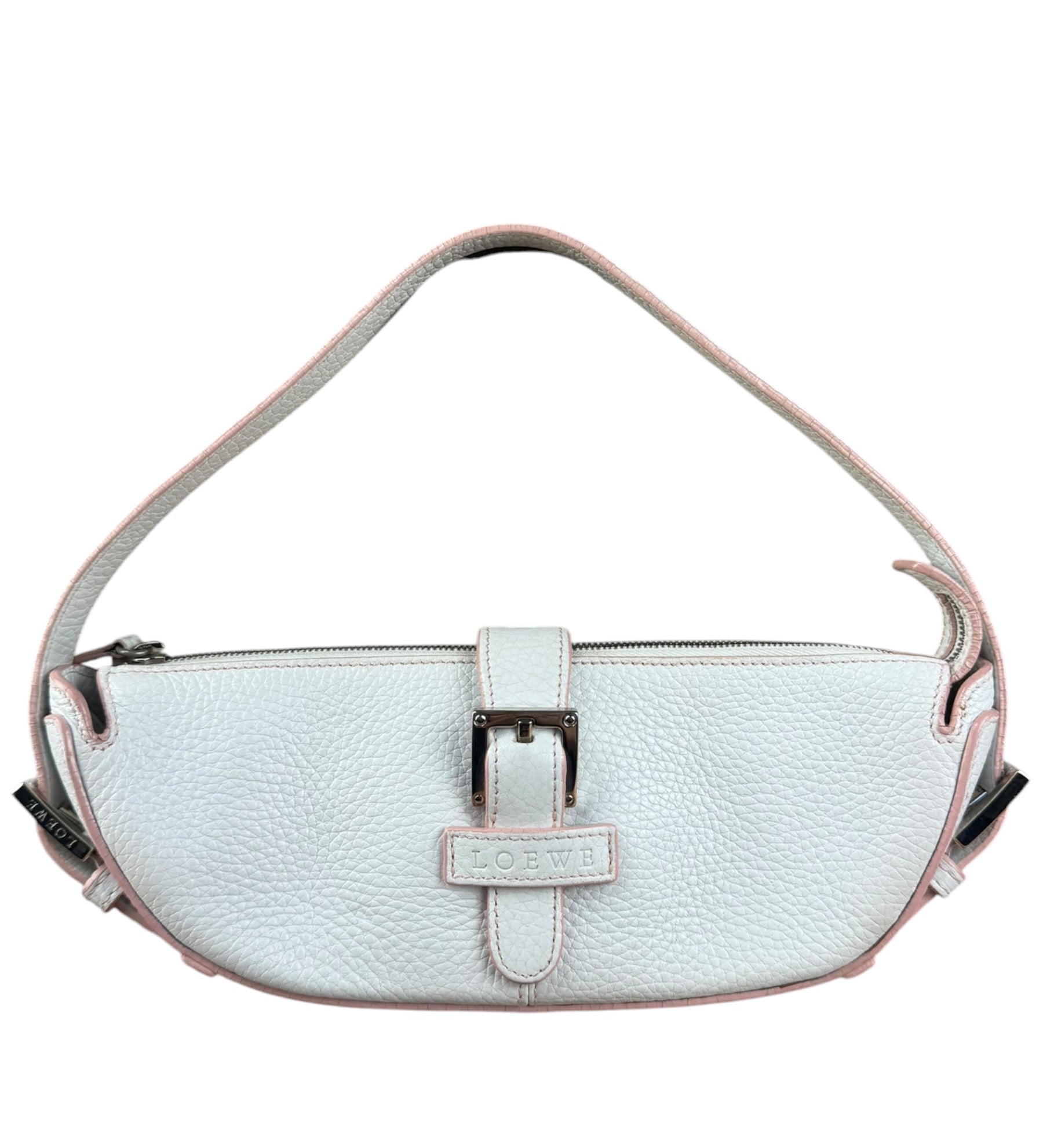 Loewe White Pebbled Leather Pink Trim Mini Boat Pochette