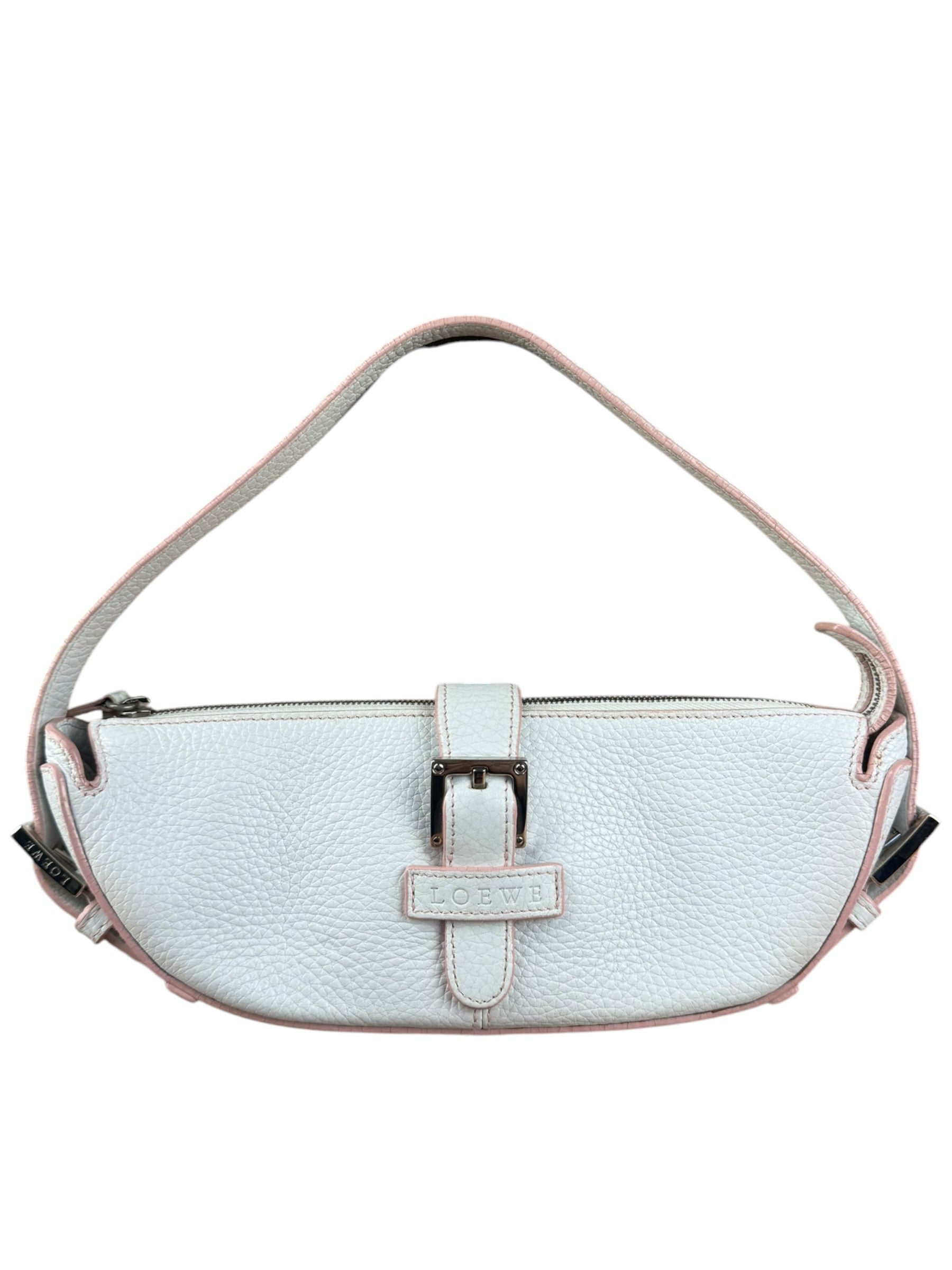 Loewe White Pebbled Leather Pink Trim Mini Boat Pochette
