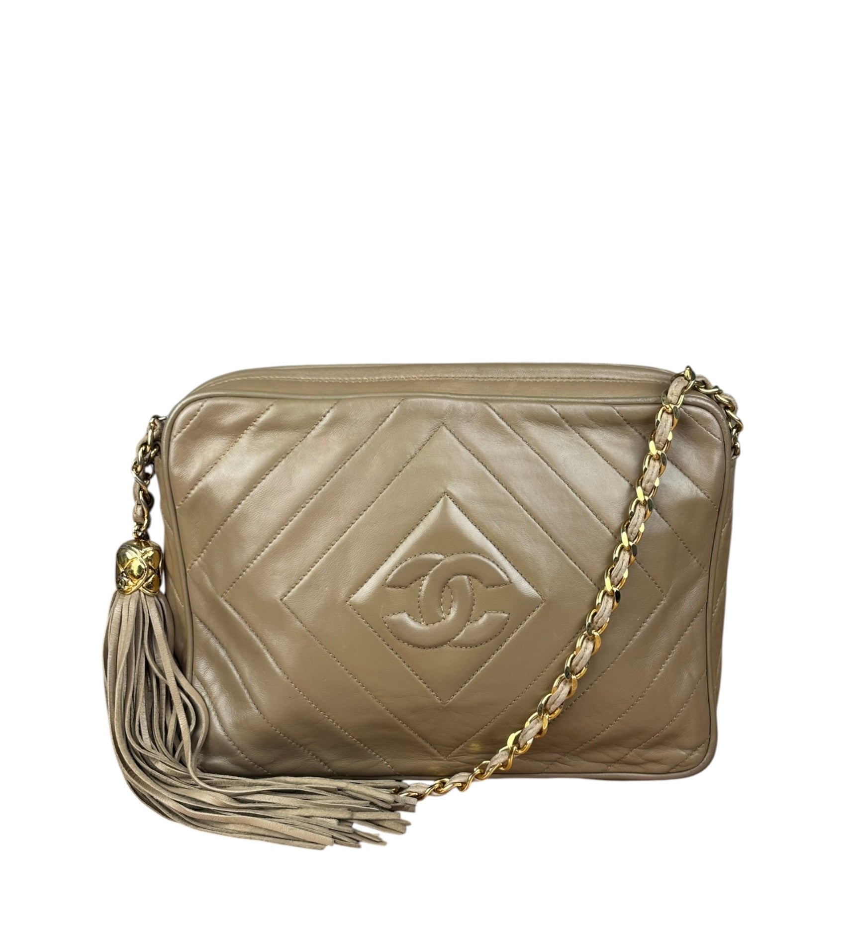 Chanel Tan Beige Chevron Leather Camera Case