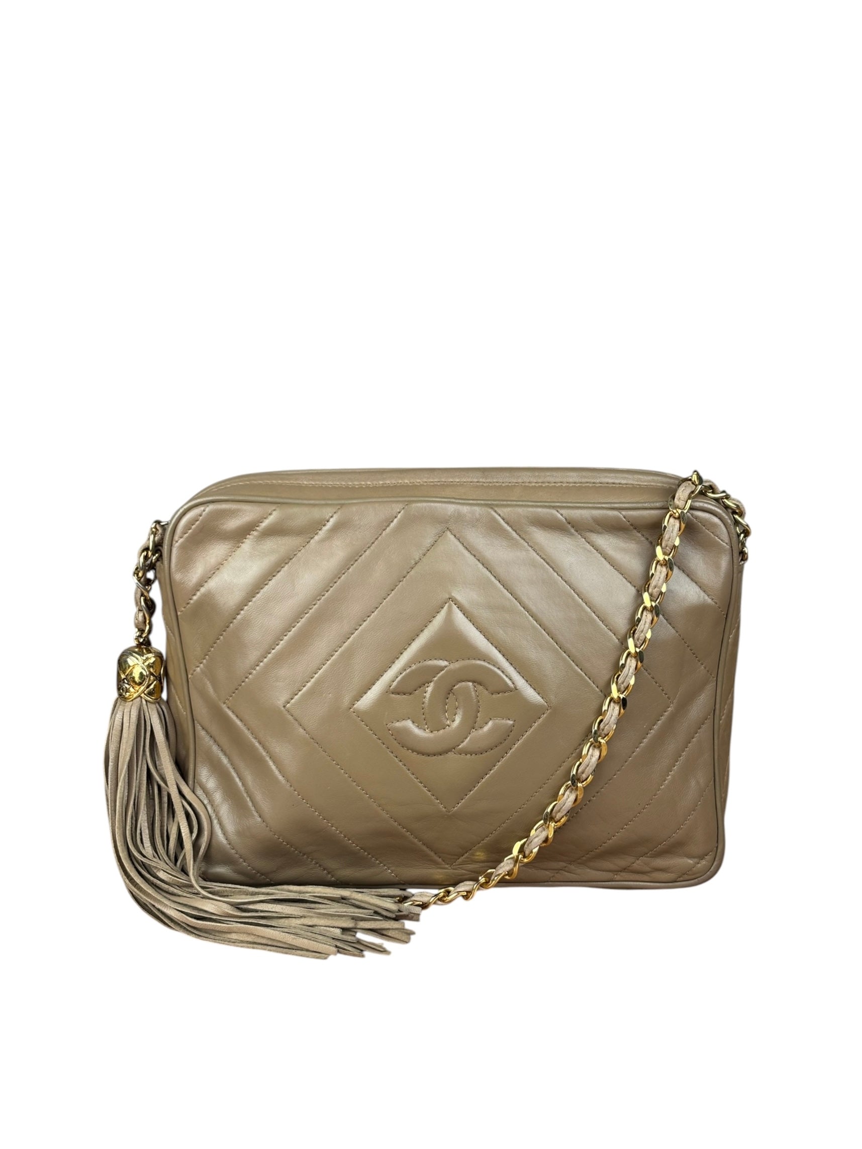 Chanel Tan Beige Chevron Leather Camera Case