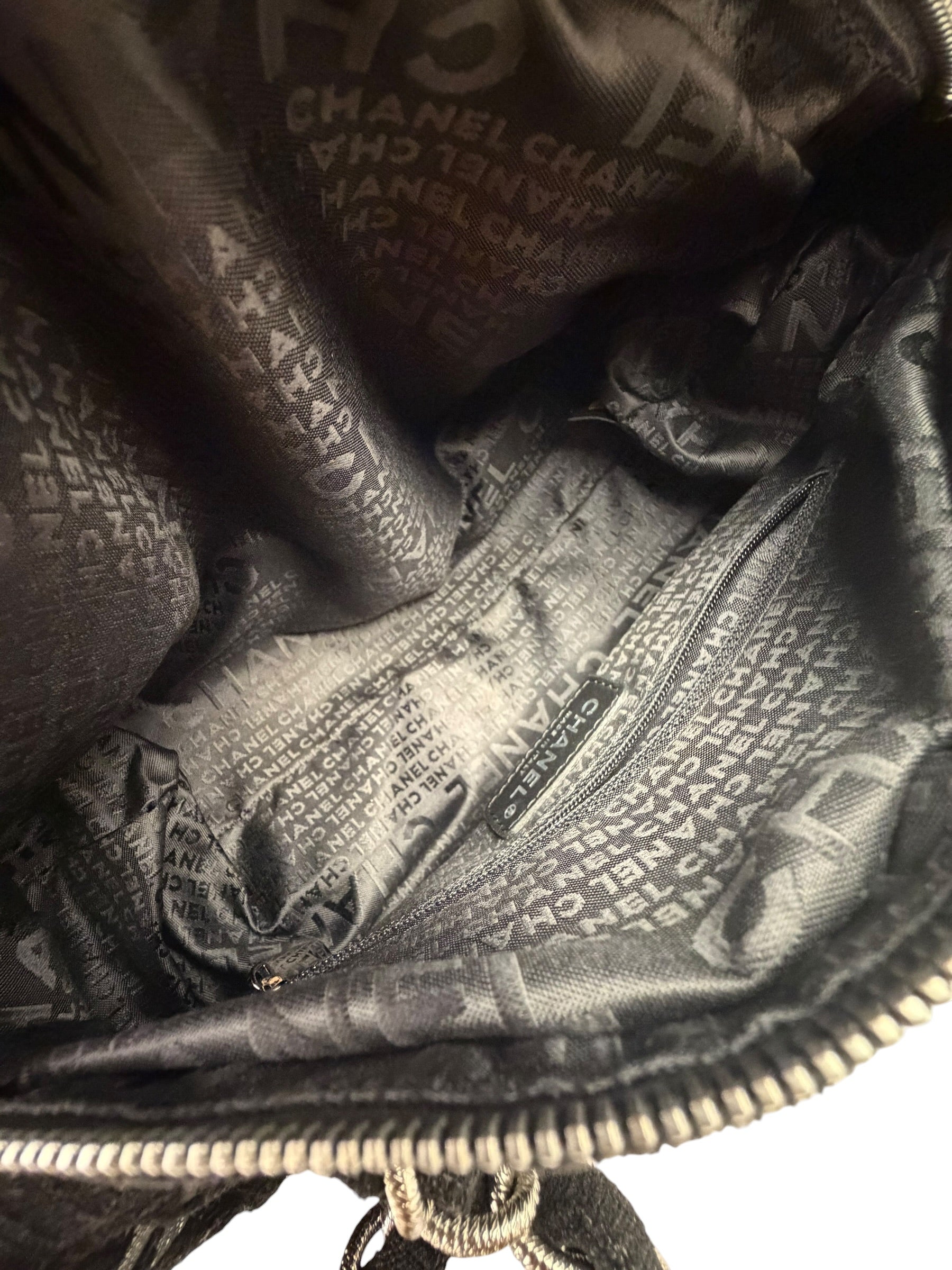 Chanel Black CC Jacquard Chain Silver Metallic Bowler Handbag 2005