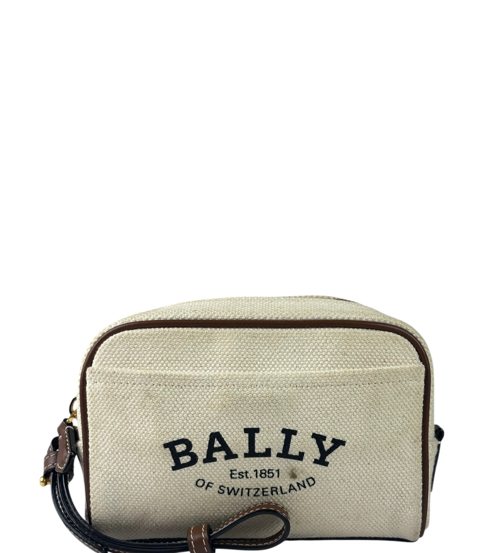 Bally Beige Canvas Brown Leather Trim Mini Zip Pouch