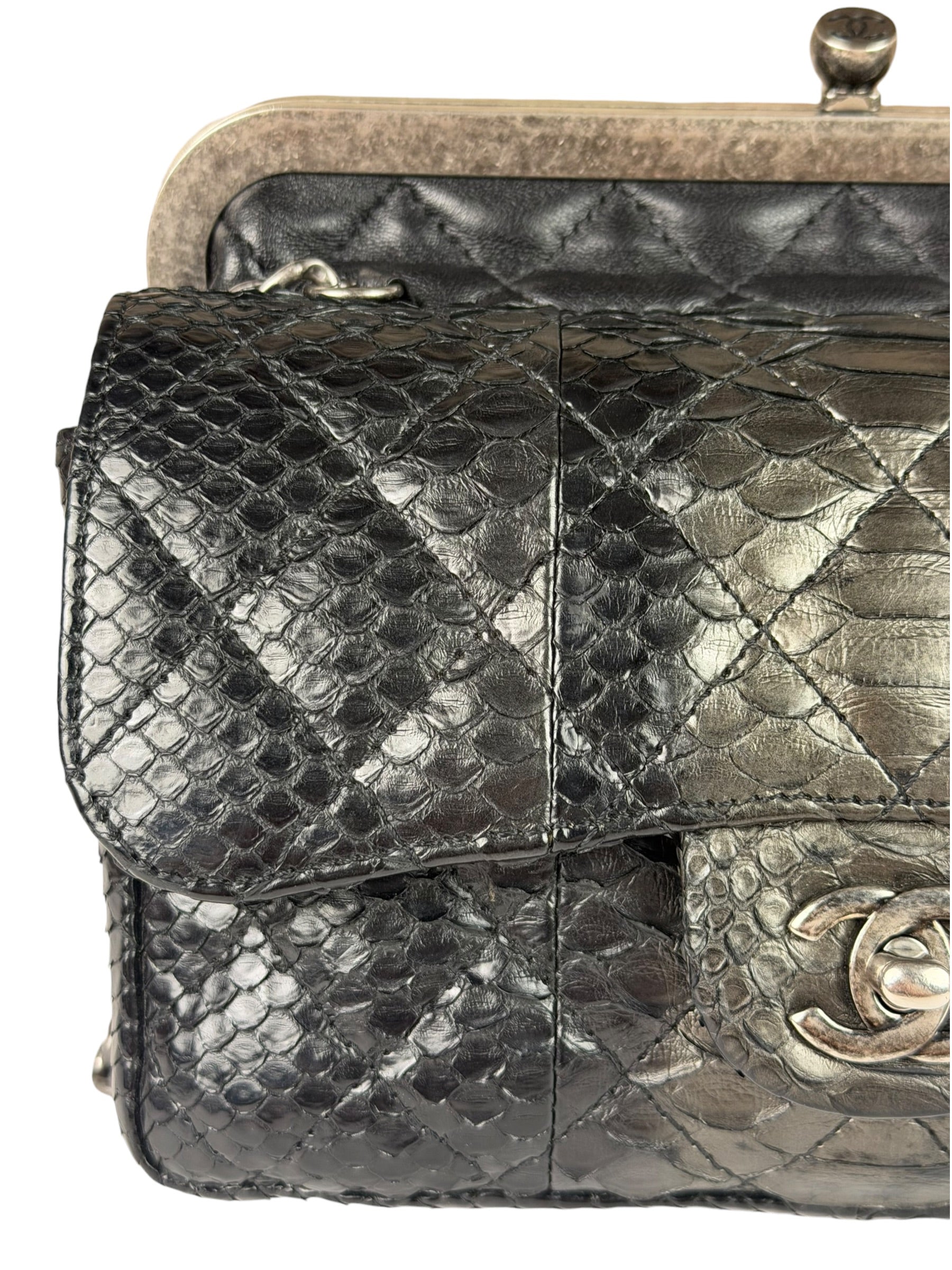 Chanel Black Python Leather Kiss-Lock Flap Bag 2015