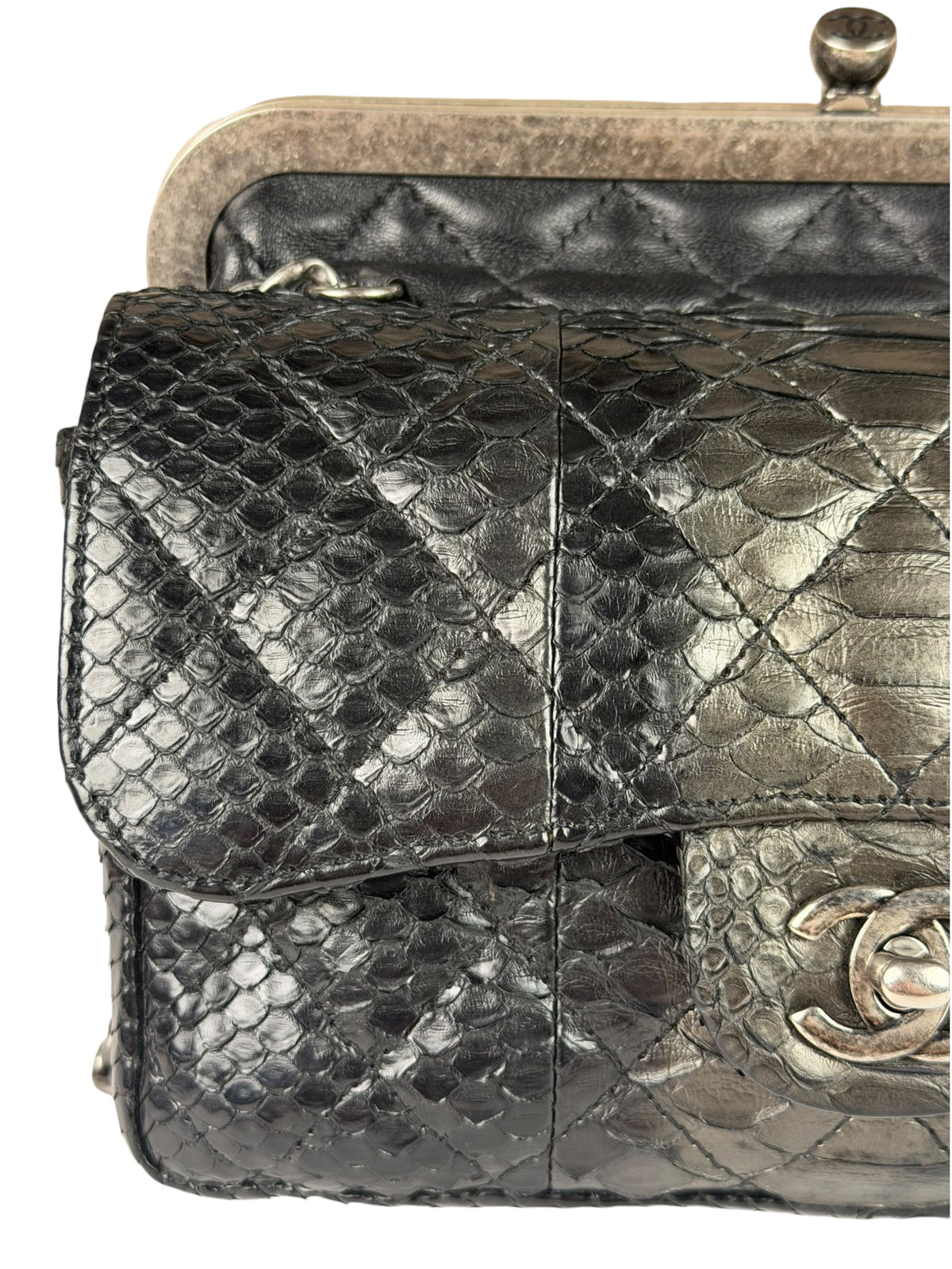 Chanel Black Python Leather Kiss-Lock Flap Bag 2015