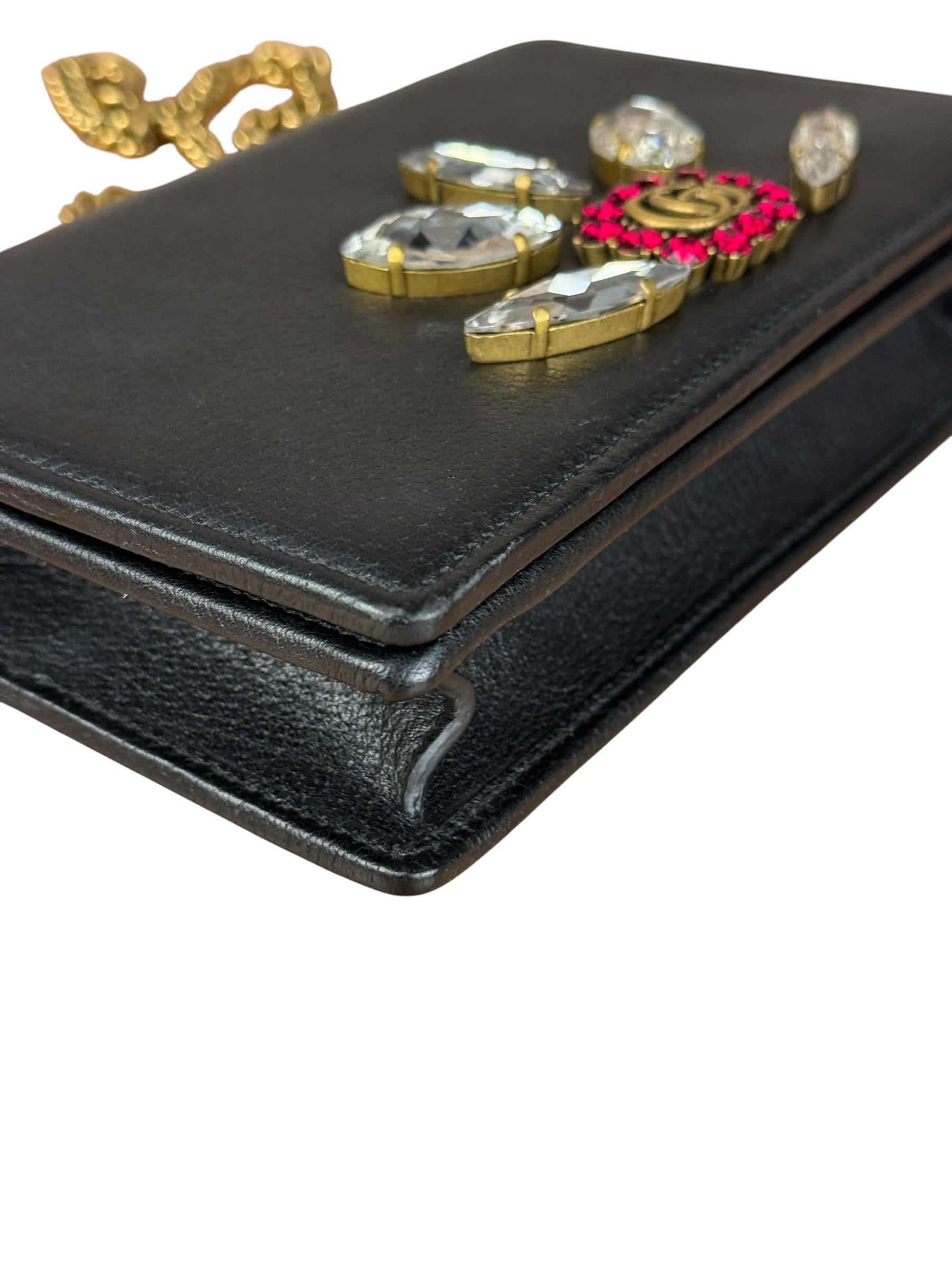 Gucci GG Crystal Embellished Black Leather Wallet on Chain Bag