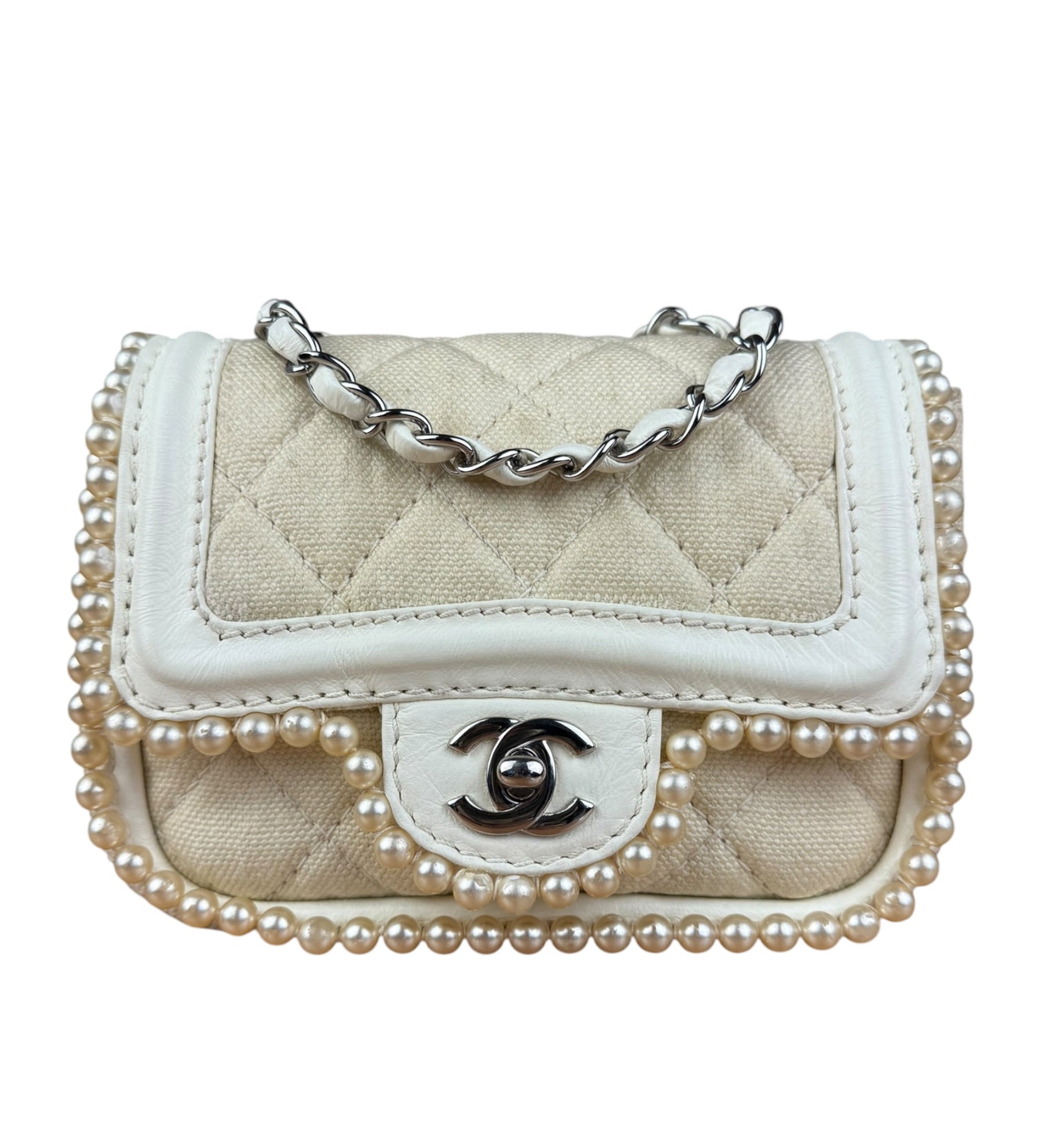 Chanel White Leather/Canvas Pearl Crossbody Flap 2003