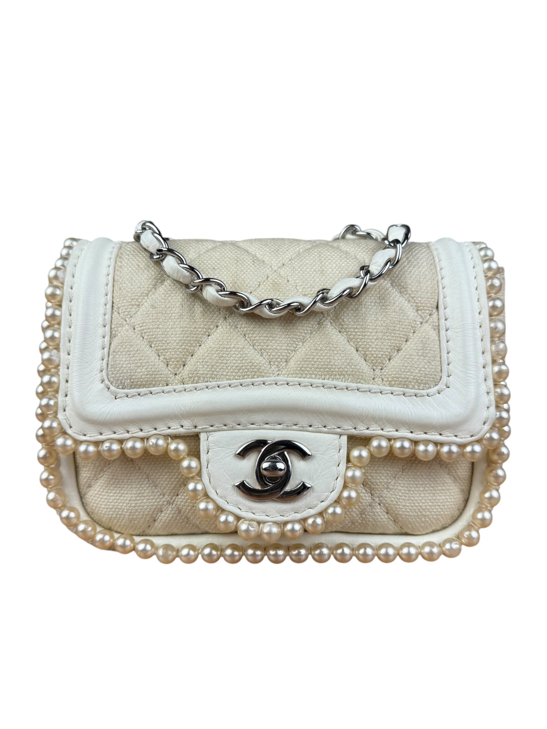 Chanel White Leather/Canvas Pearl Crossbody Flap 2003