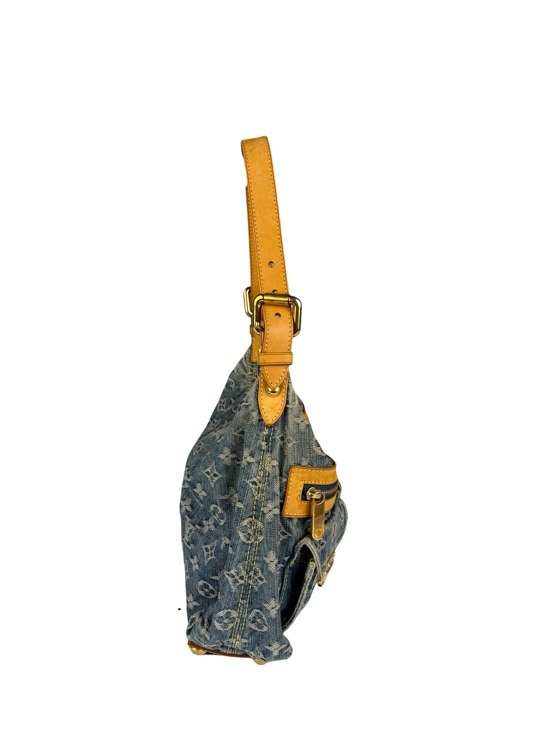 Louis Vuitton Vintage Denim Leather Trim Monogram Baggy Hobo Bag PM
