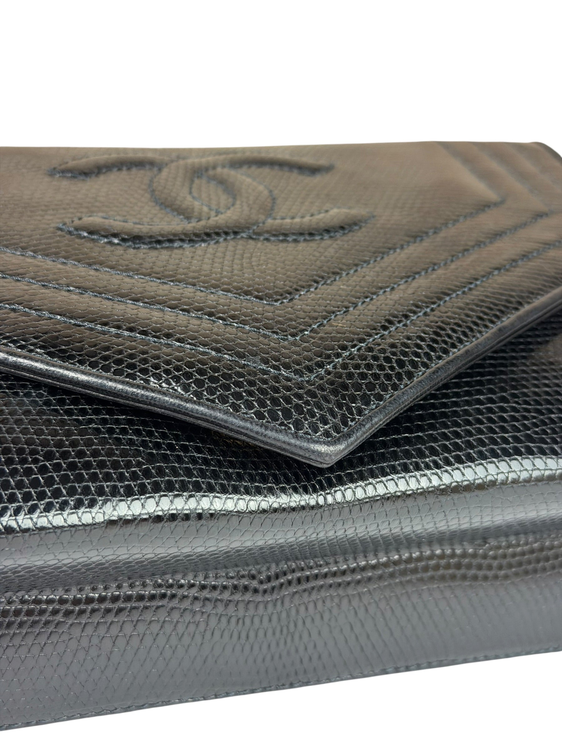 Chanel Black Lizard Leather Envelope Flap Bag 1986