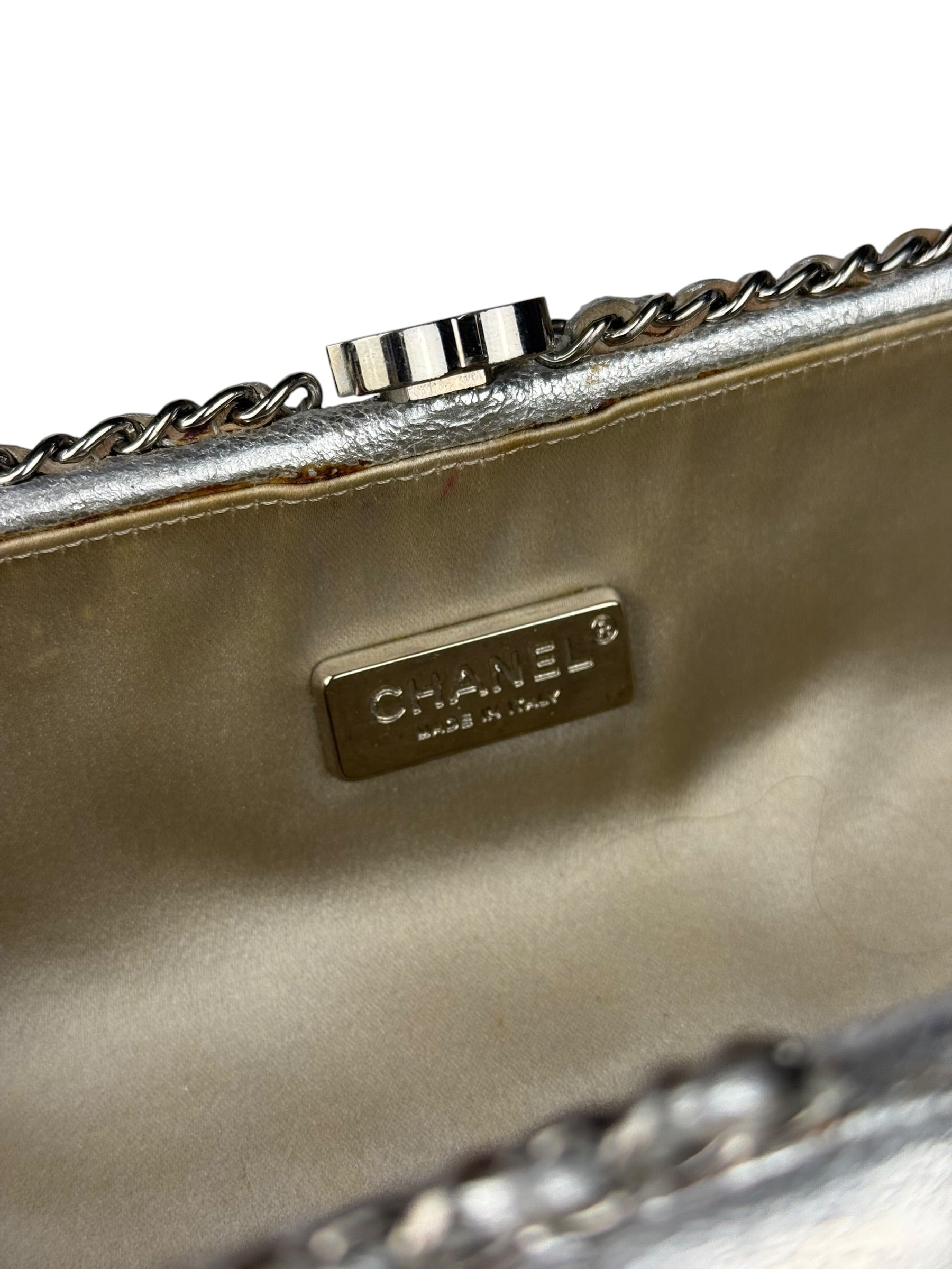 Chanel Metallic Silver Quilted Chain Around Clutch Shoulder Bag 2011