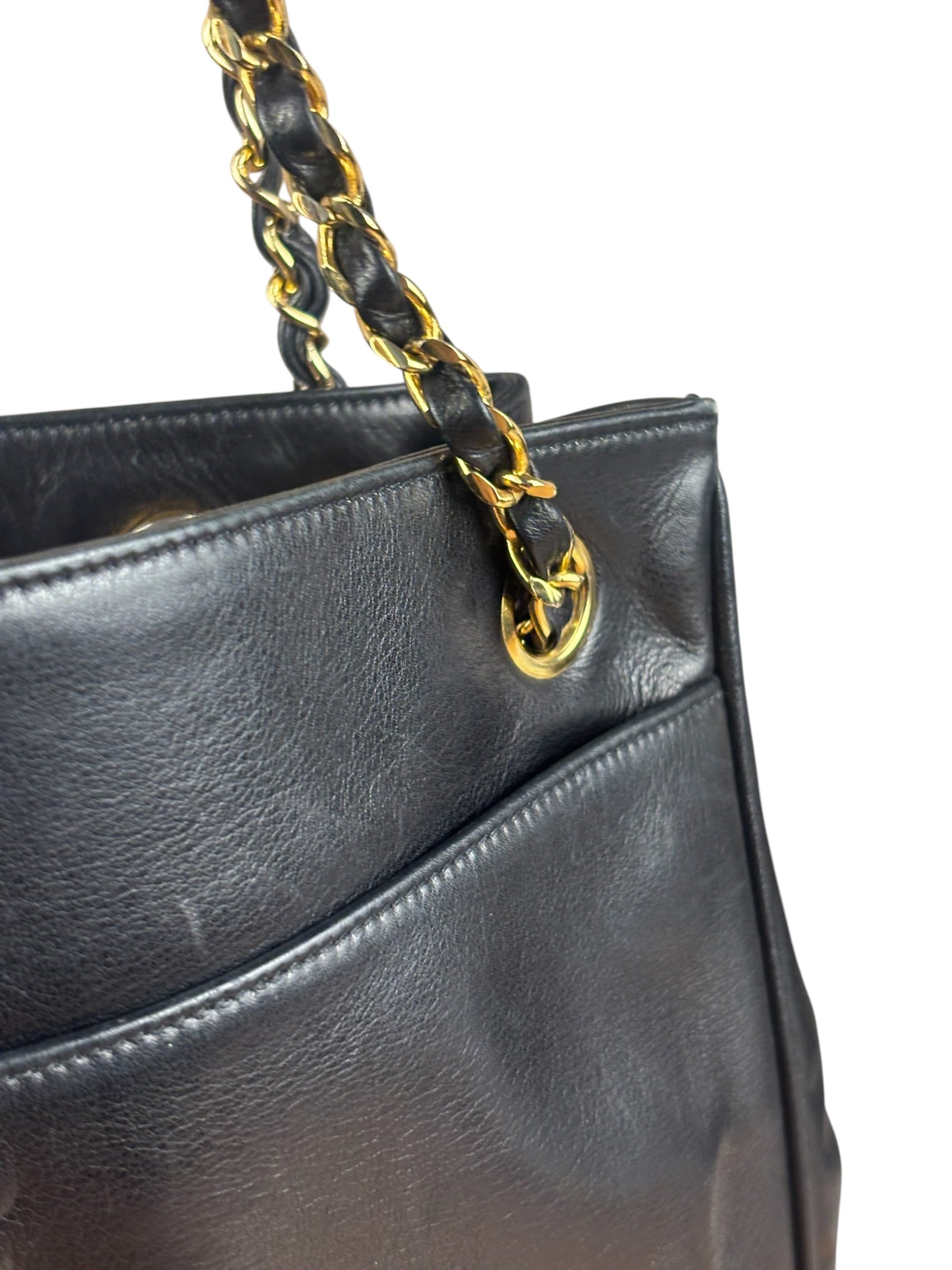 Chanel Vintage Black Leather Quilted Bottom Chain Tote Bag 1987