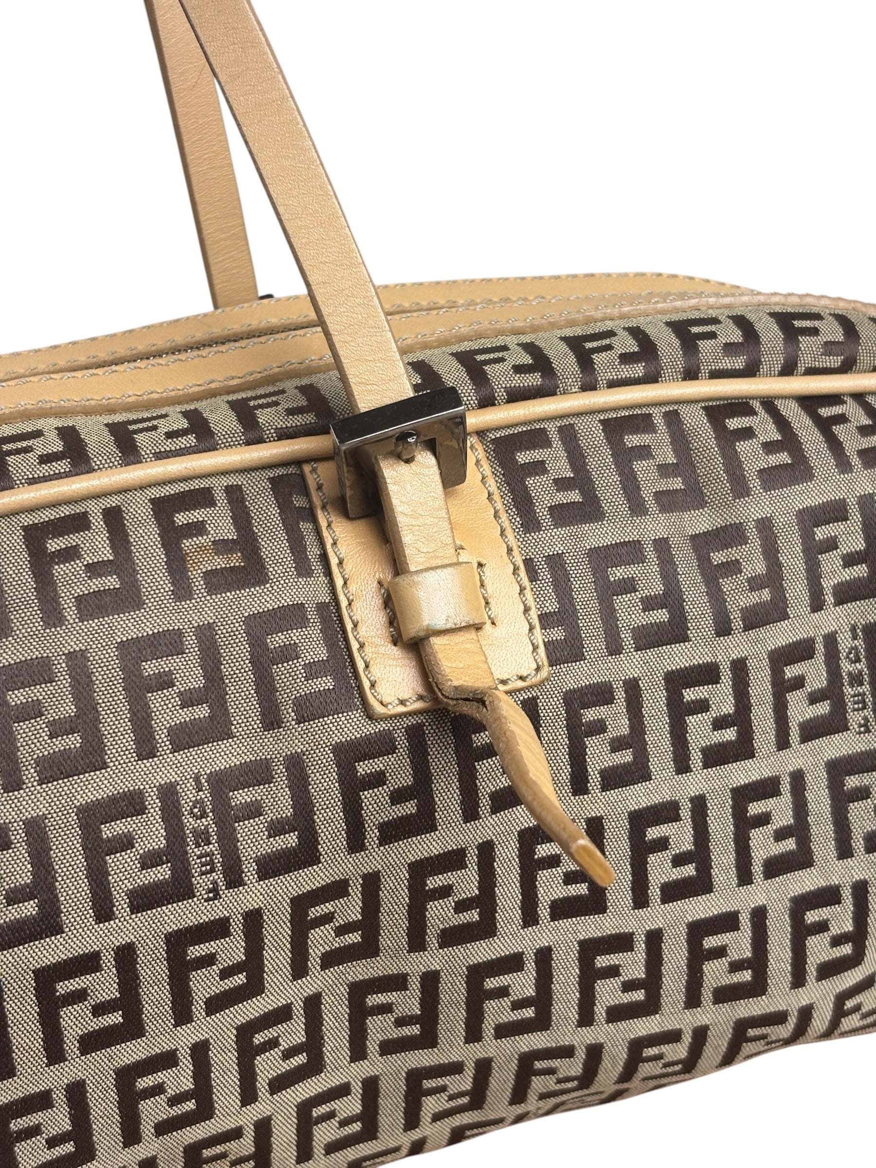 Fendi Beige Leather Trim Zucca Small Boston Bag