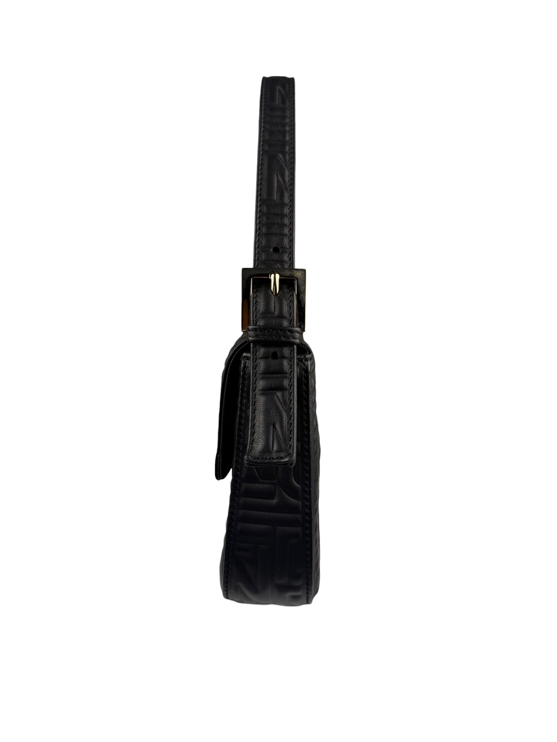 Fendi Black Leather 3D Logo Embossed Baguette