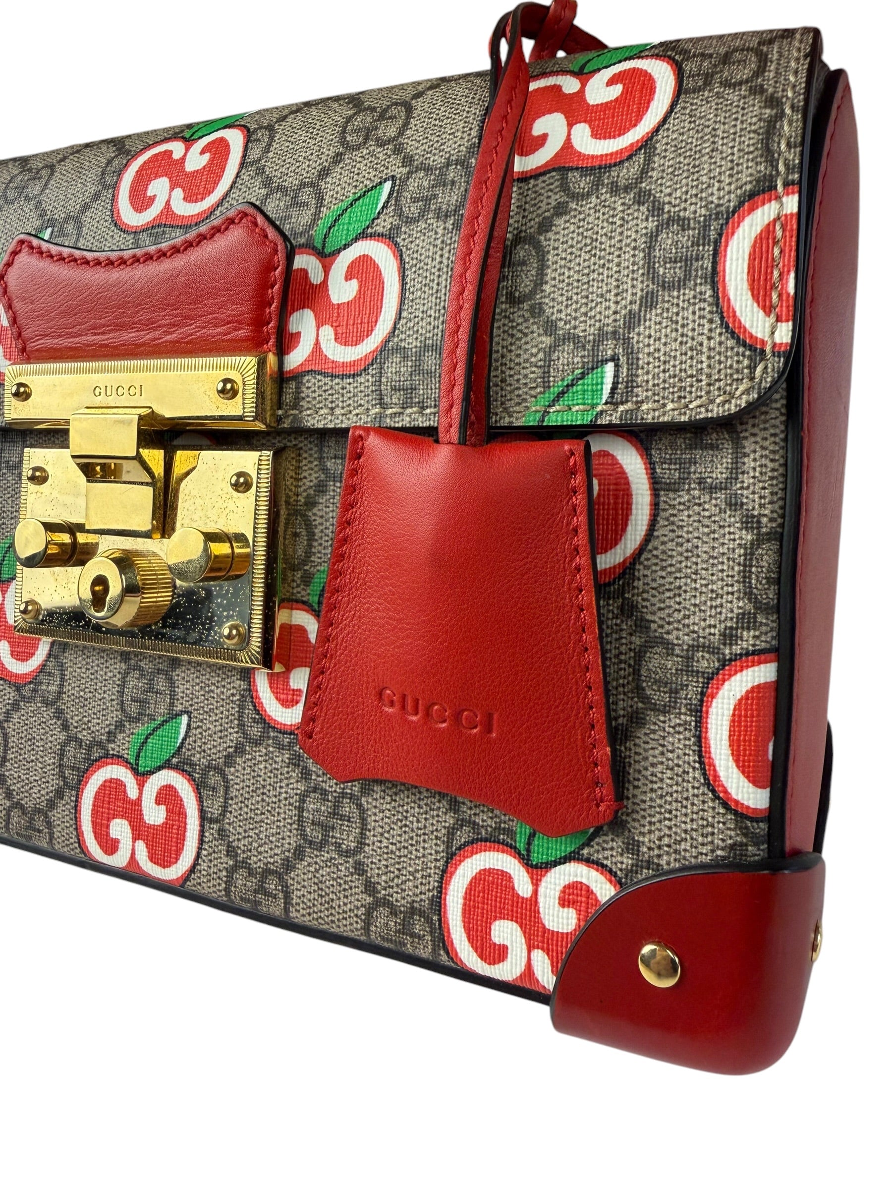 Gucci Red/Beige Leather GG Apple Print Padlock Bamboo Handbag