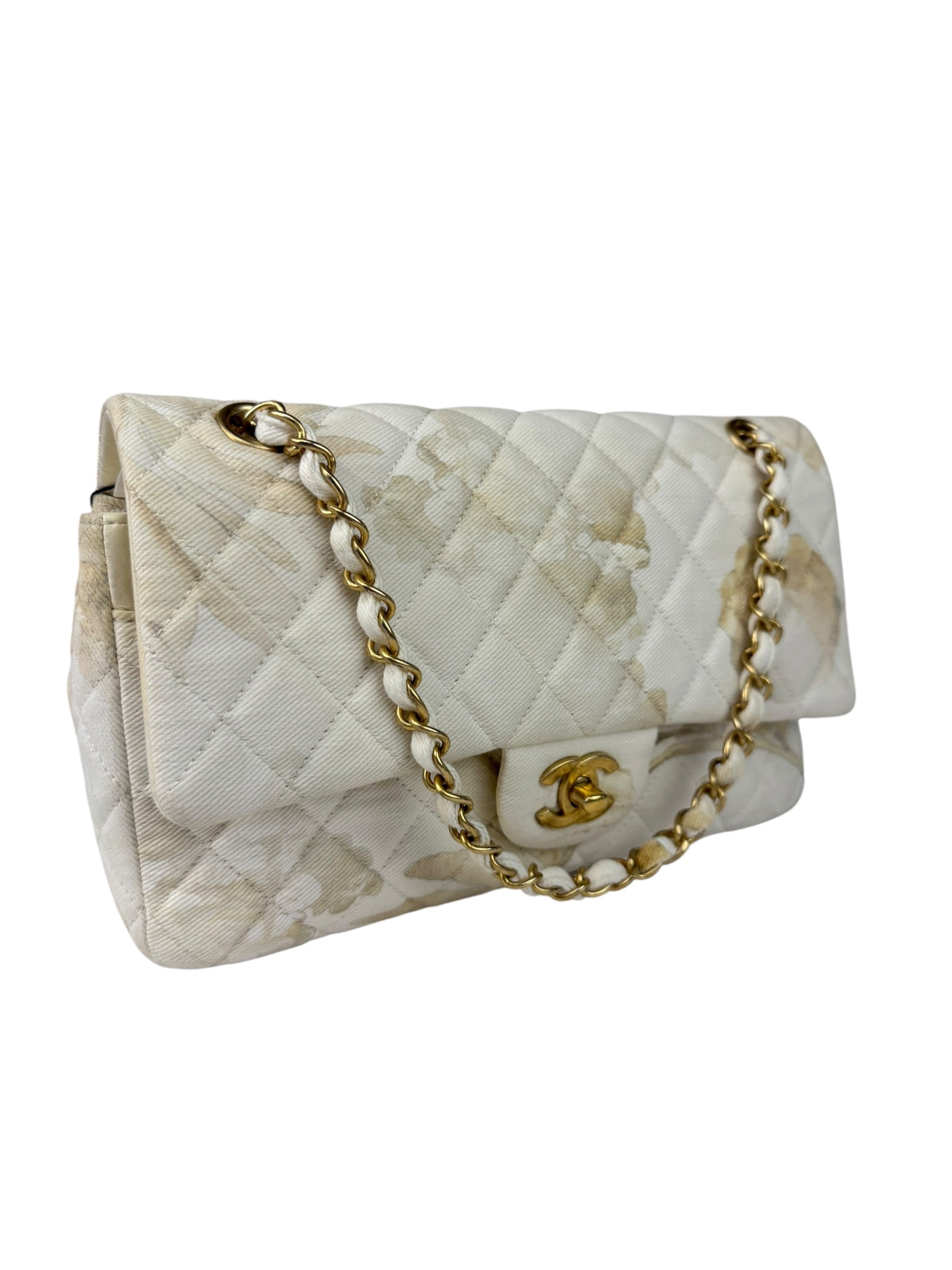 Chanel White Denim/Leather Trim Greek Collection Flower Double Flap Bag 2018