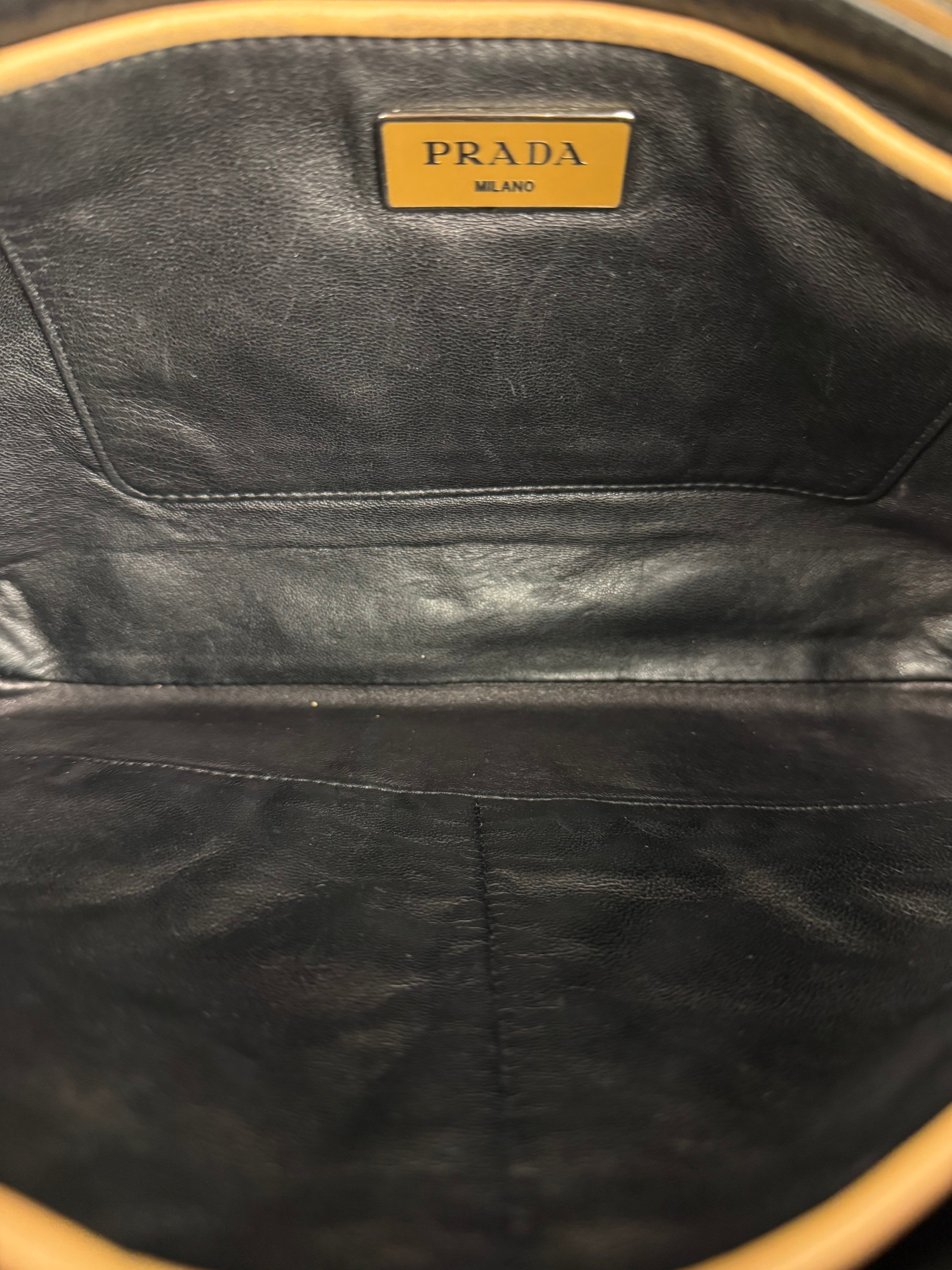 Prada Vintage Camel Leather Embroidery Clutch