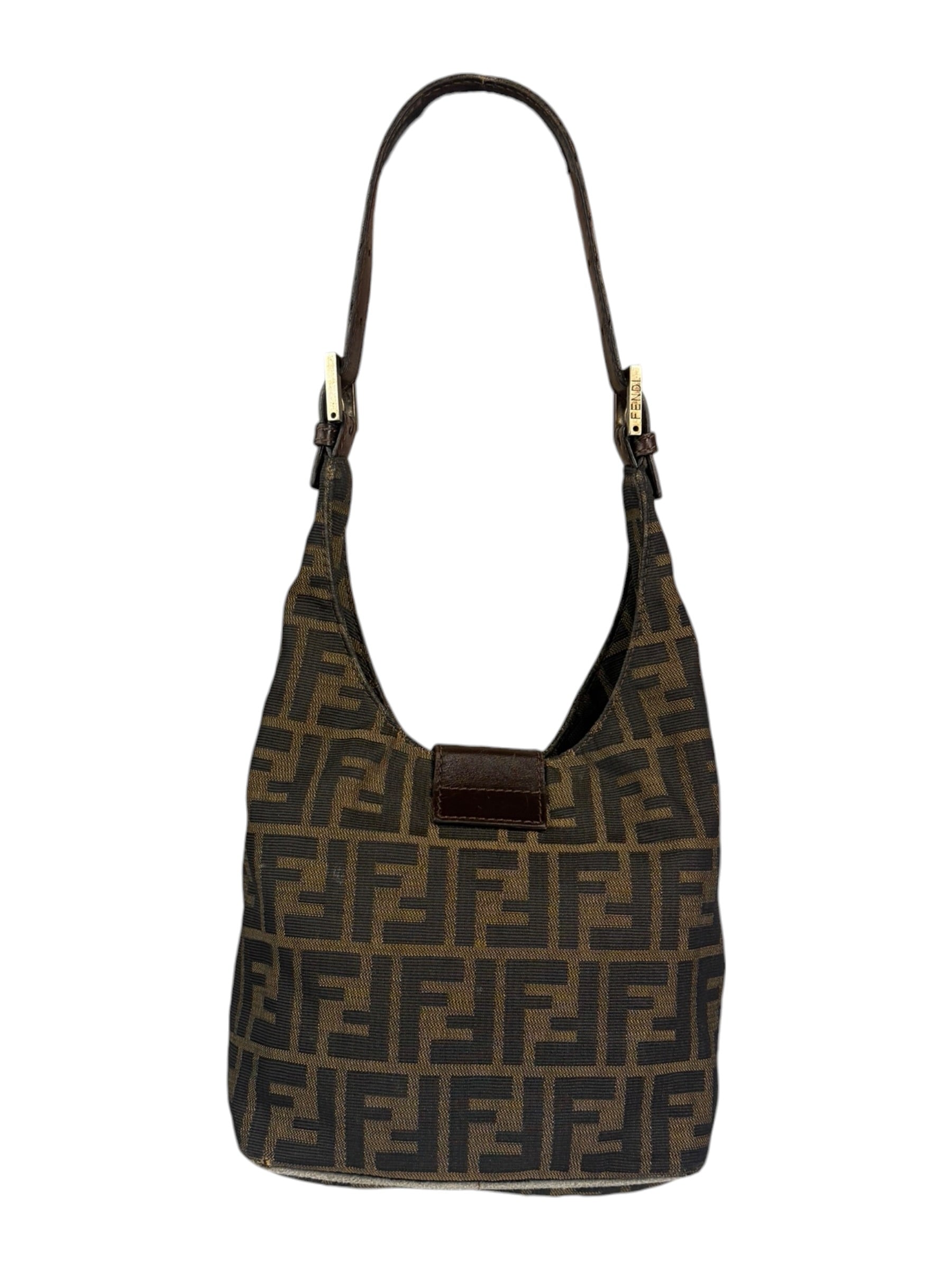 Fendi Brown Leather Trim Zucca Hobo Bag