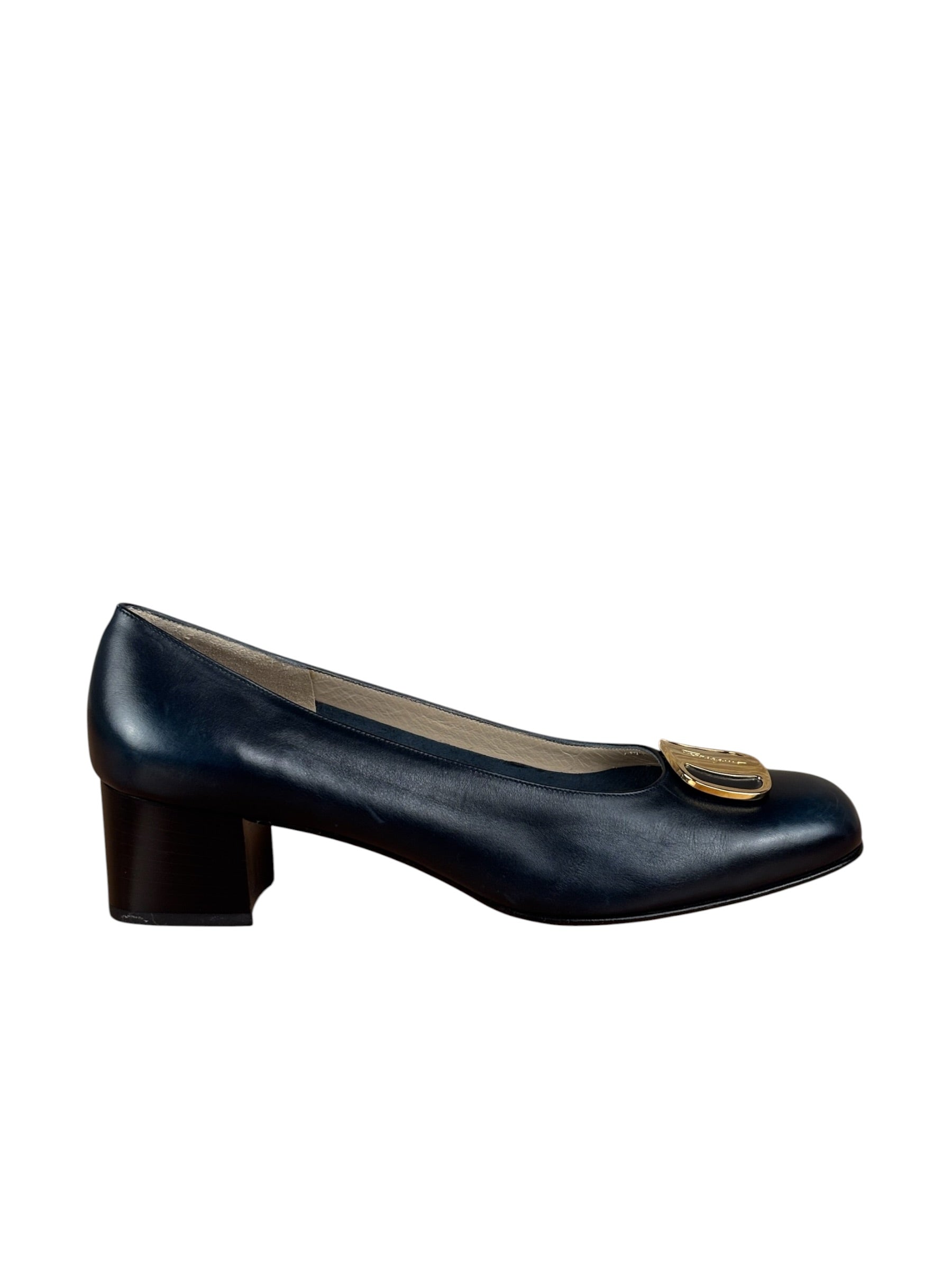 Salvatore Ferragamo Blue Gold Buckles Pumps