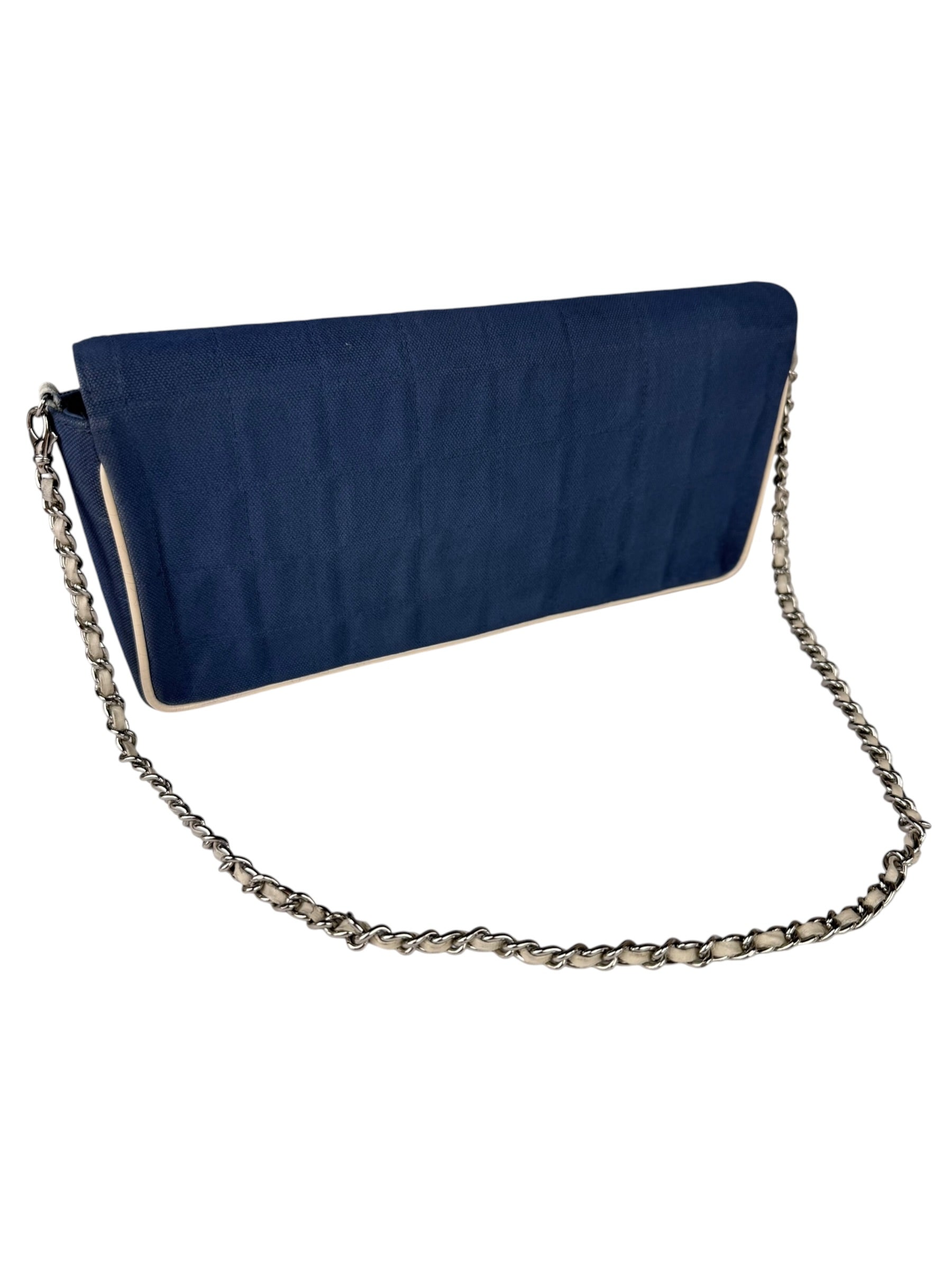 Chanel Blue/Cream Patent Leather Trim East-West Chocolate Bar Shoulder Bag 2002