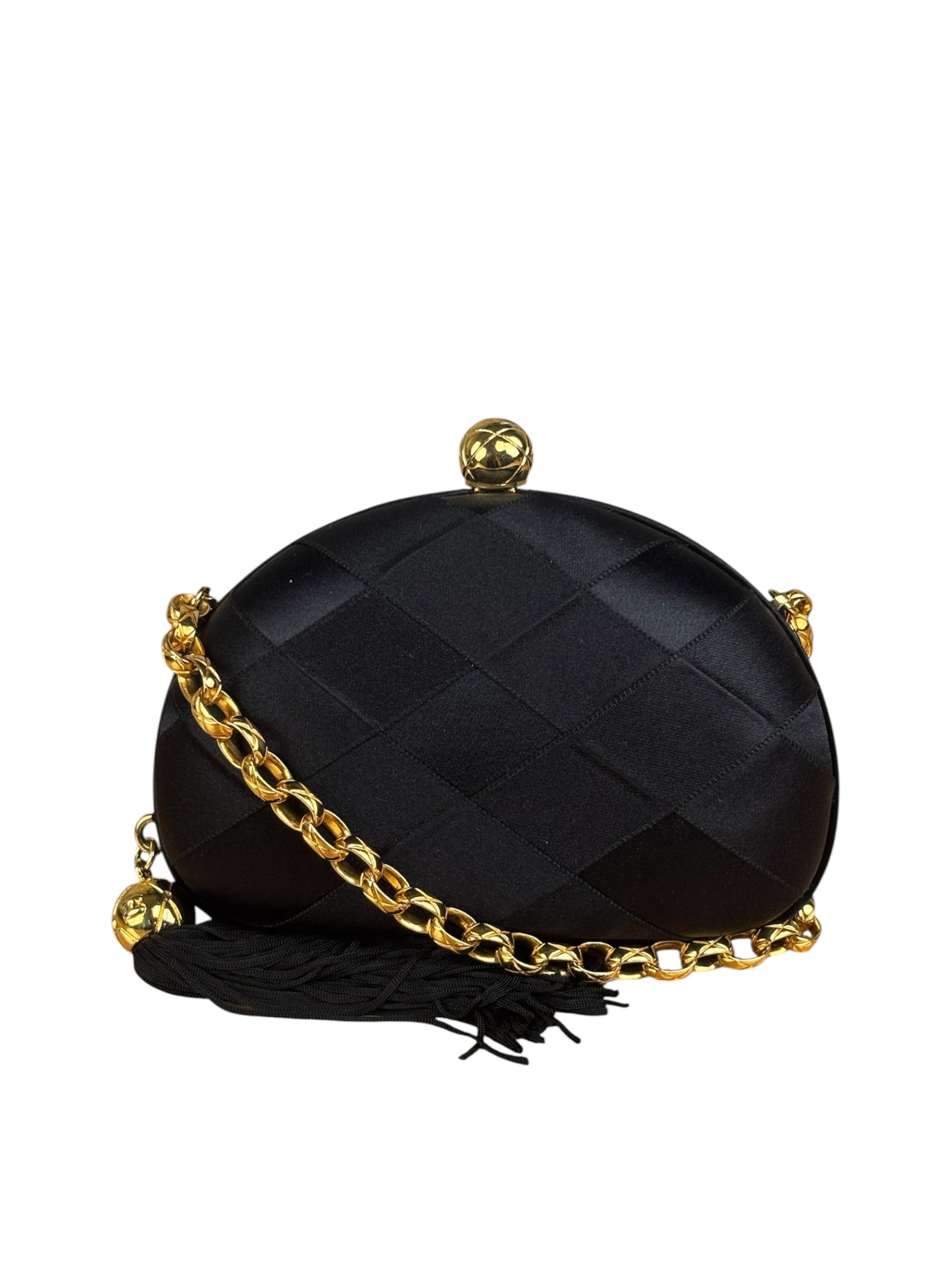 Chanel Black Satin Quilted Chain Clutch 2019