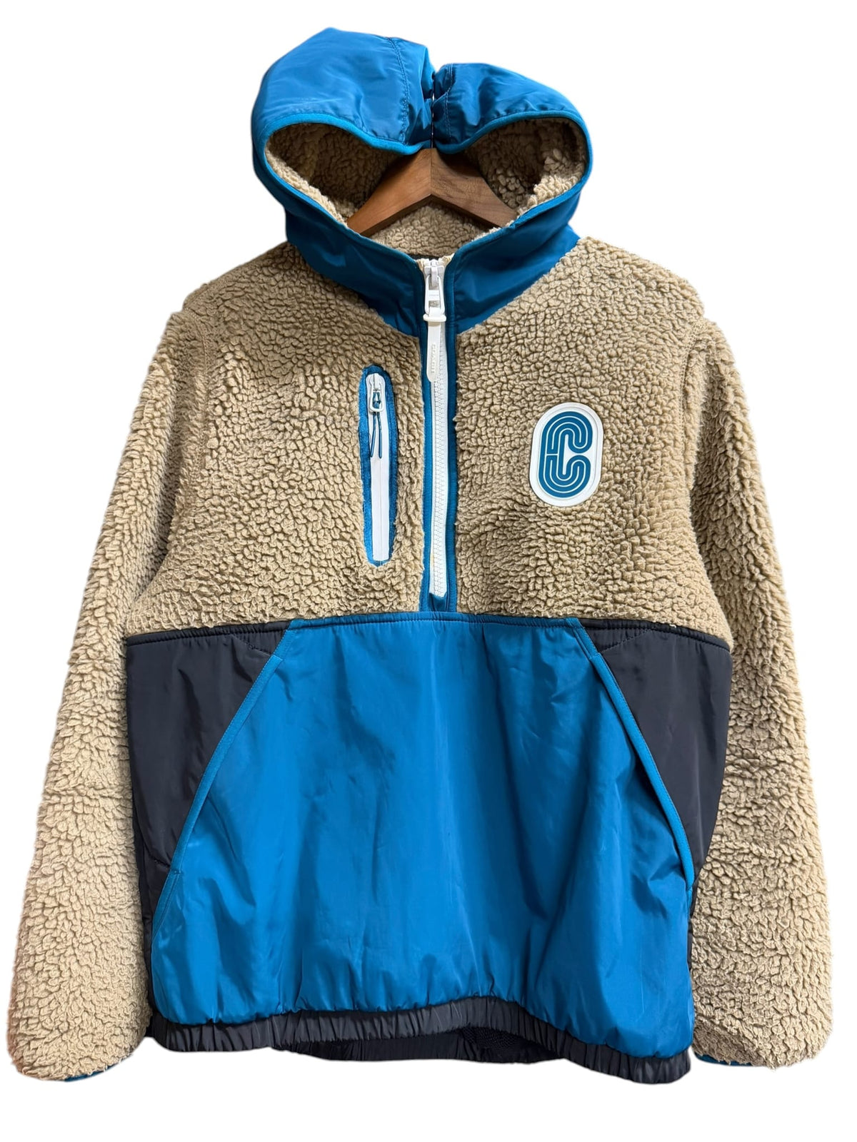 Coach Black/Blue/Beige Nylon Deep Pile Fleece Hooded Jacket