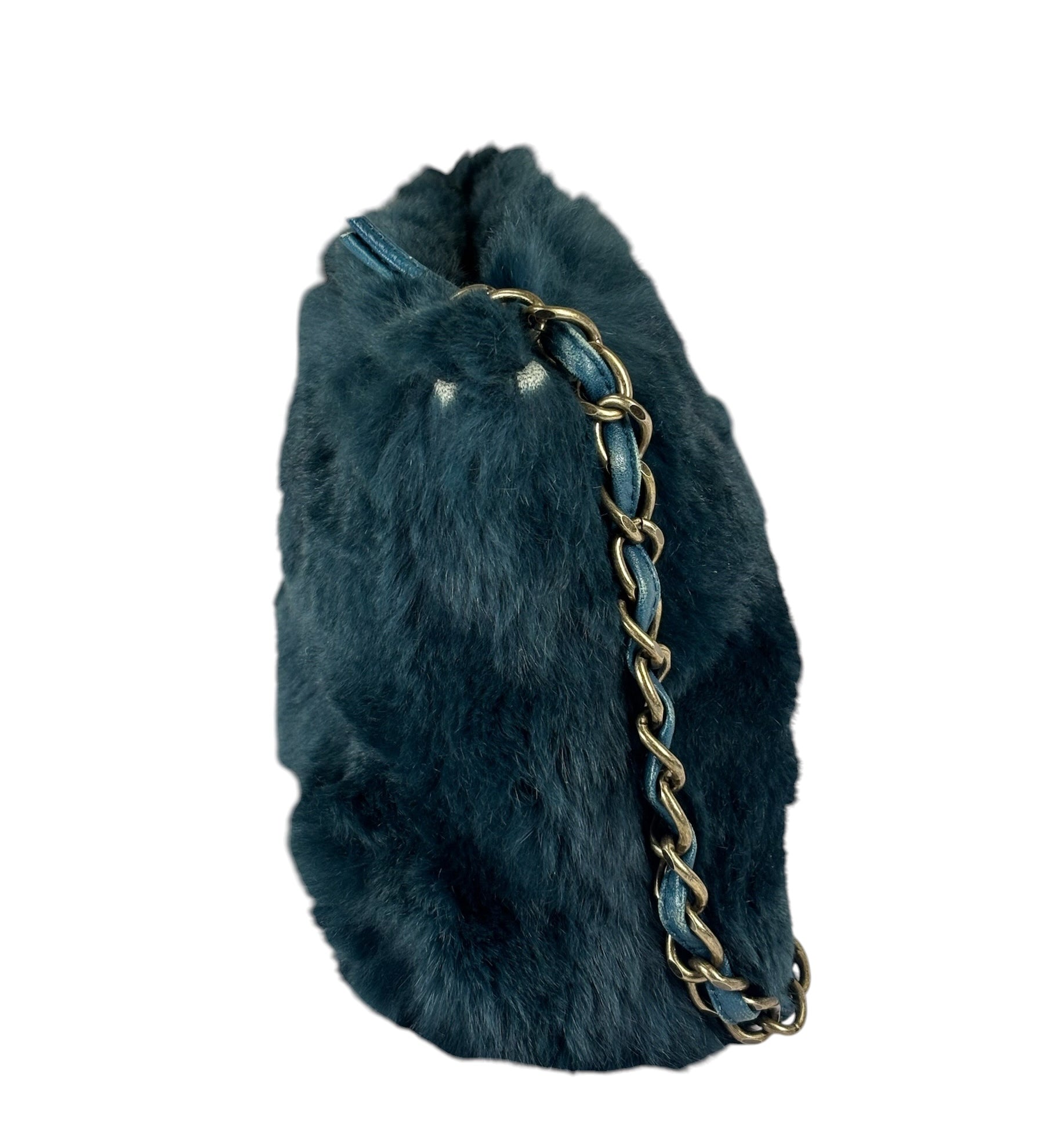 Chanel Dark Green Rabbit Fur/Leather Trim Shoulder Bag 2000