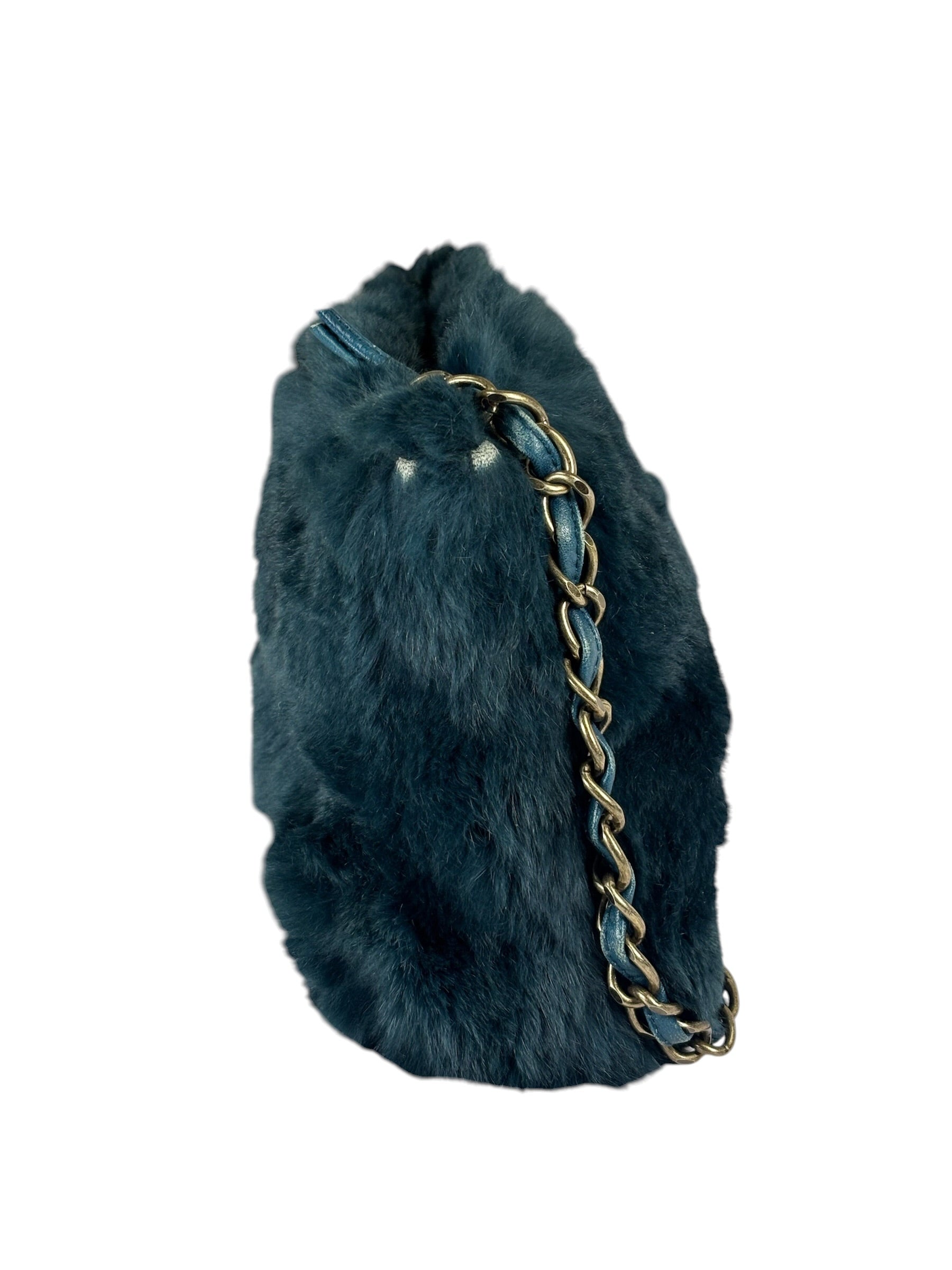 Chanel Dark Green Rabbit Fur/Leather Trim Shoulder Bag 2000