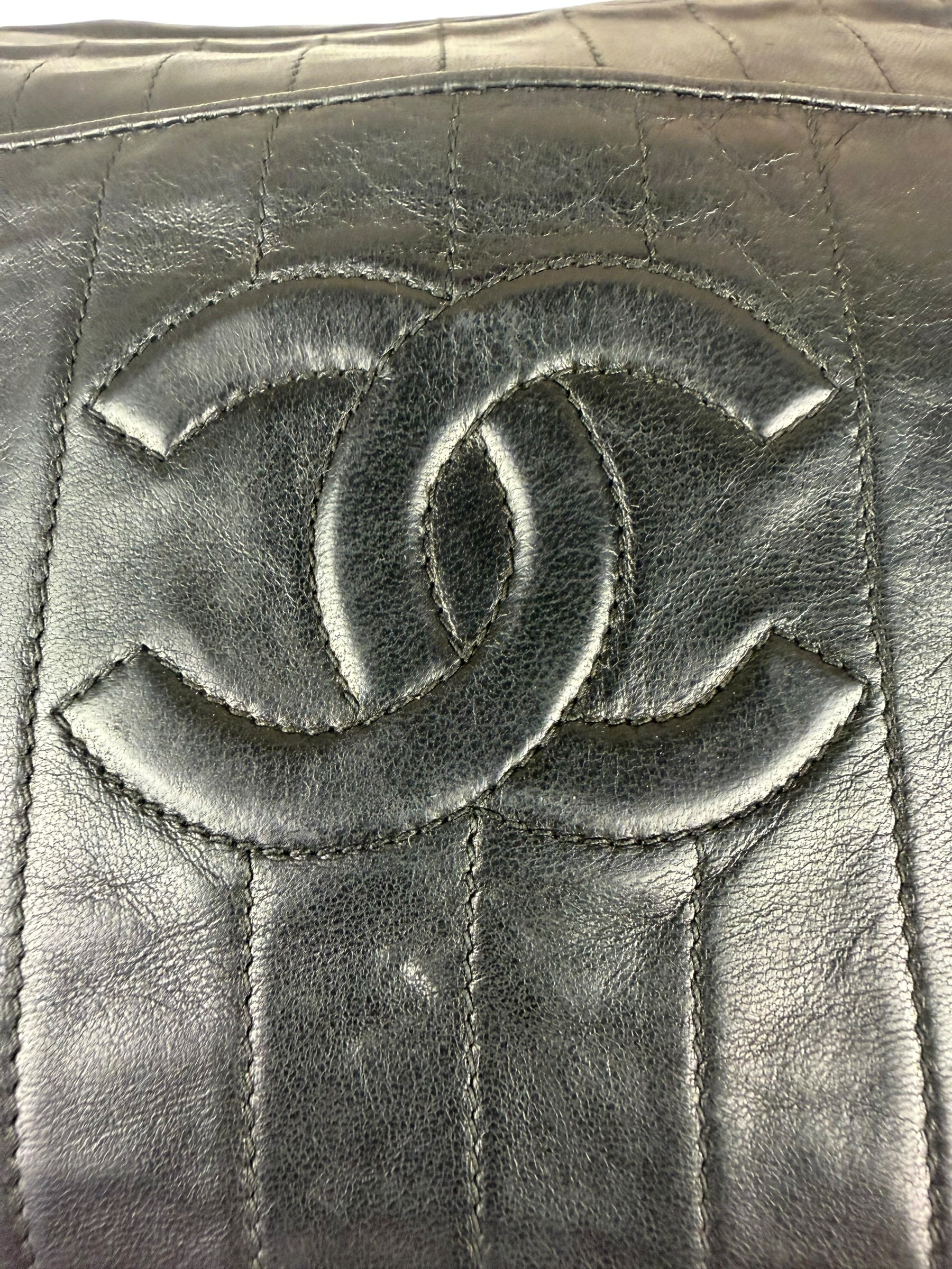 Chanel Vintage Black Leather Mademoiselle Vertical Quilted Shoulder Bag 1990's
