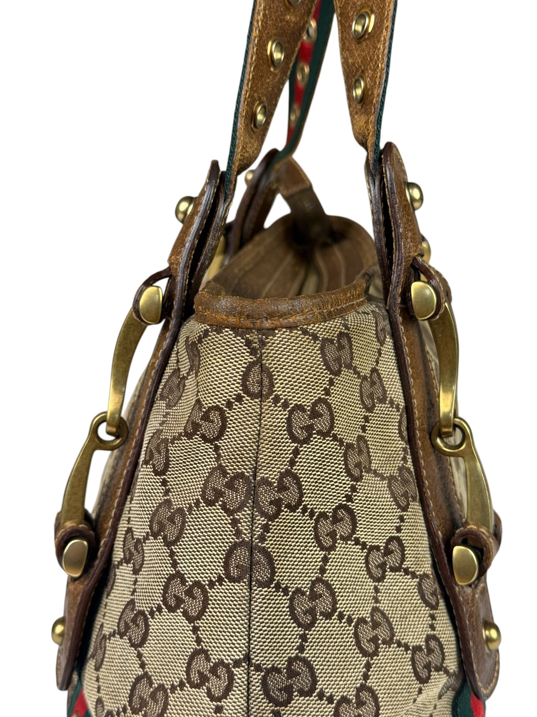 Gucci Vintage Brown Leather Trim Grommet Web Shoulder Bag