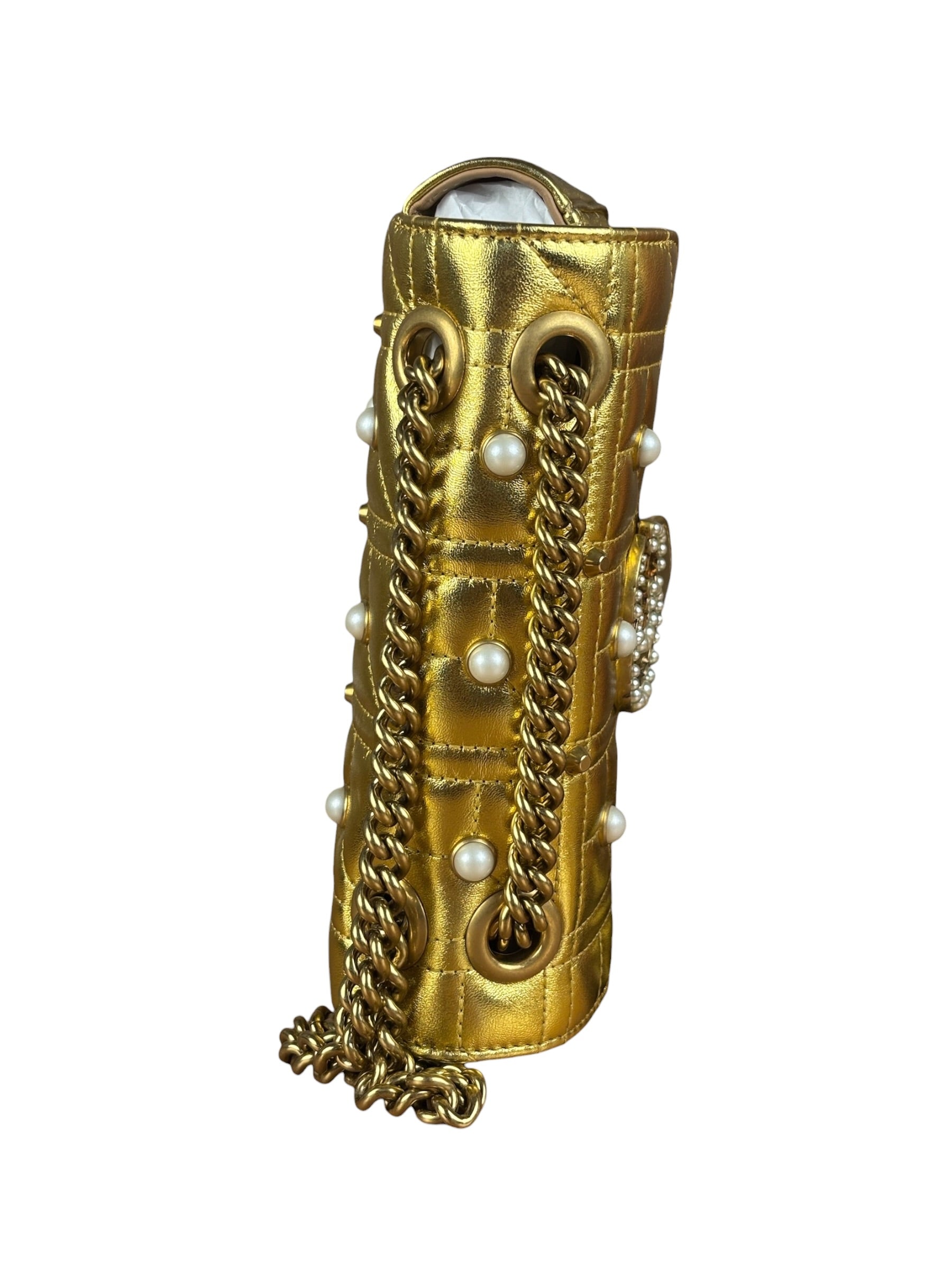 Gucci Gold GG Marmont Pearl Studded Mini Flap Bag