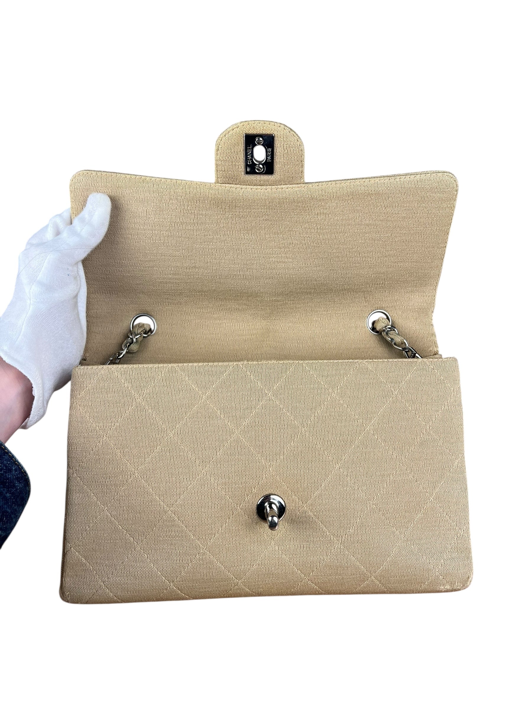 Chanel Vintage Beige Jersey Quilted Classic Flap Bag