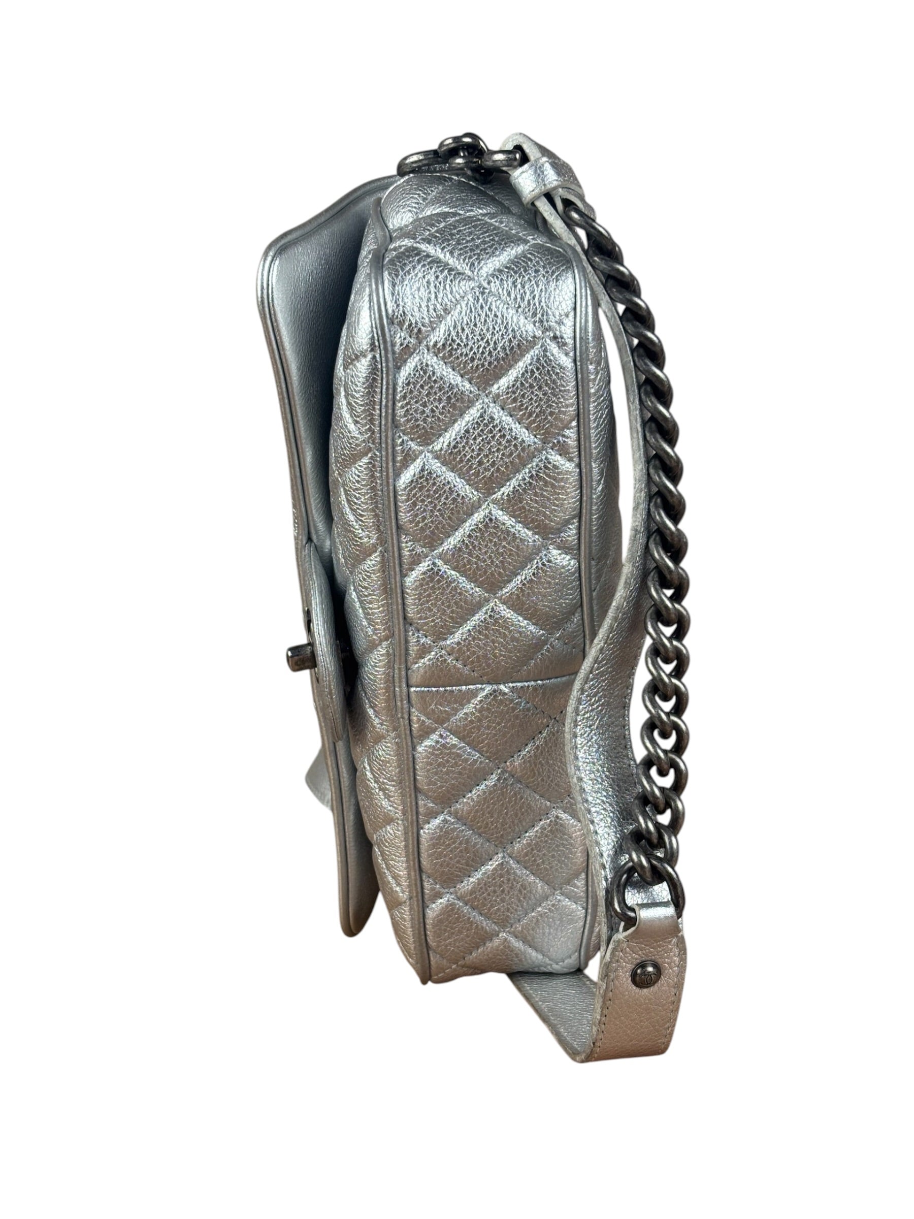 Chanel CC Silver Metallic Quilted Flap Shoulder Bag 2017