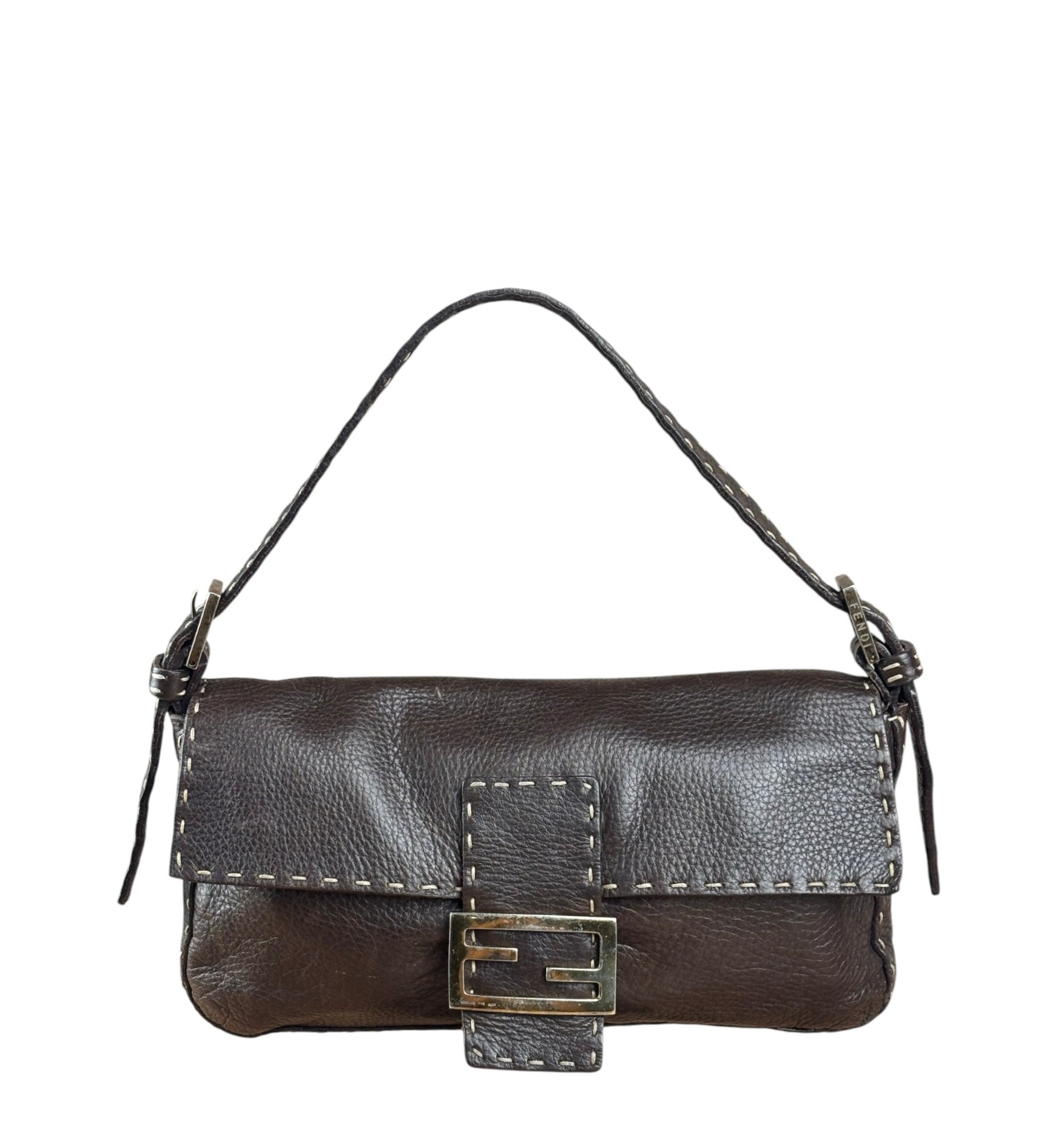 Fendi Selleria Brown Leather Stitched Baguette